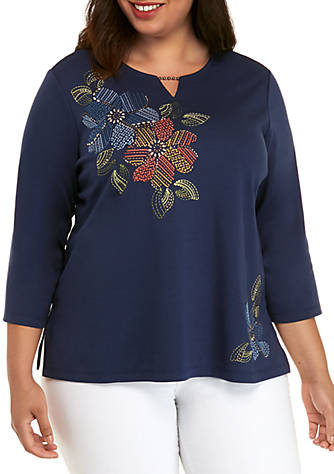 Alfred Dunner Womens Lake Tahoe Embroidered Yoke 3//4 Sleeve Top