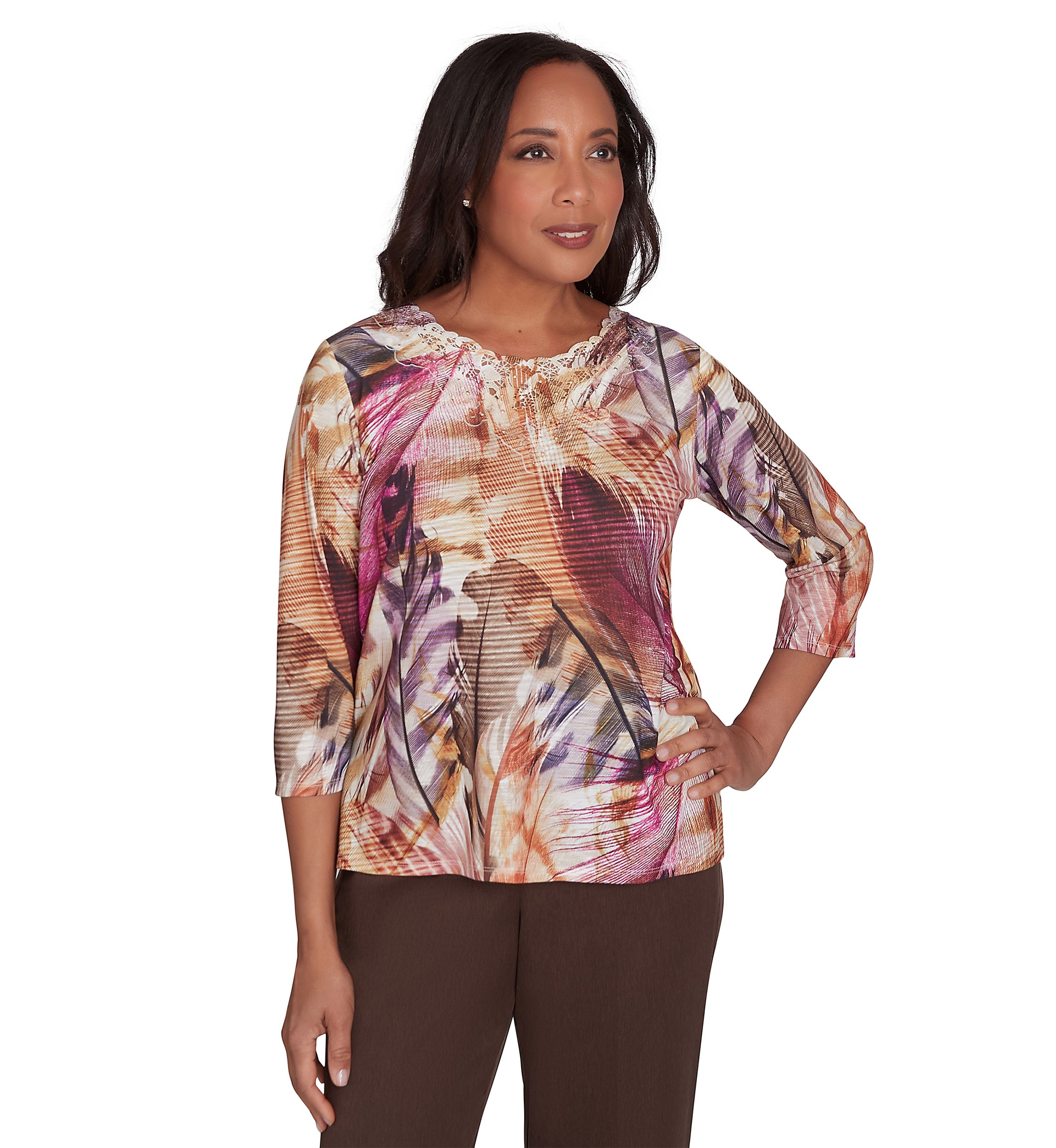 Womens Wine Country Feathers Lace Neck Top