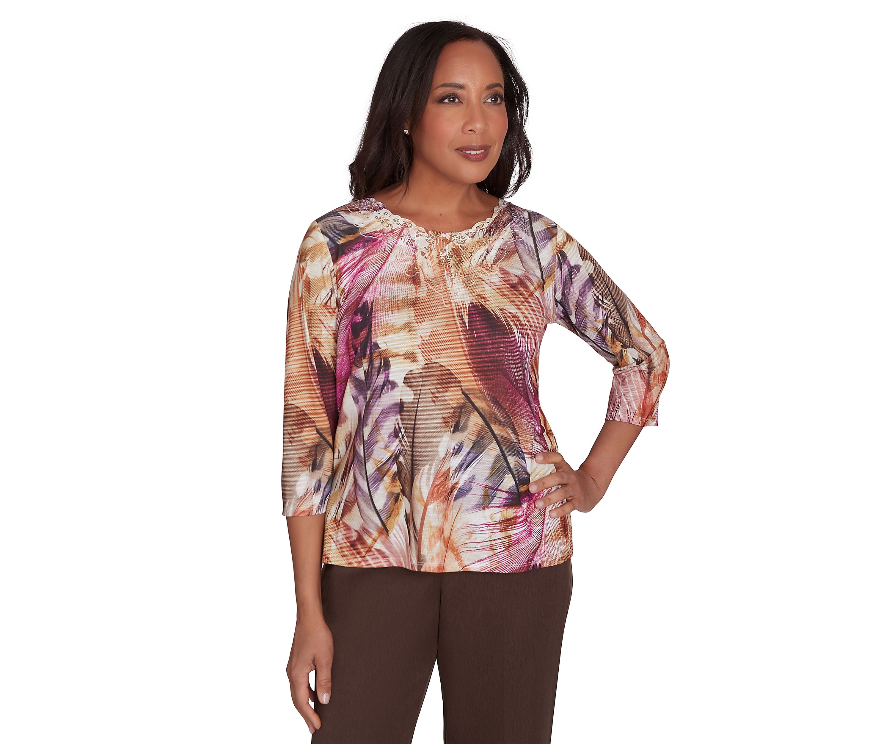 Womens Wine Country Feathers Lace Neck Top