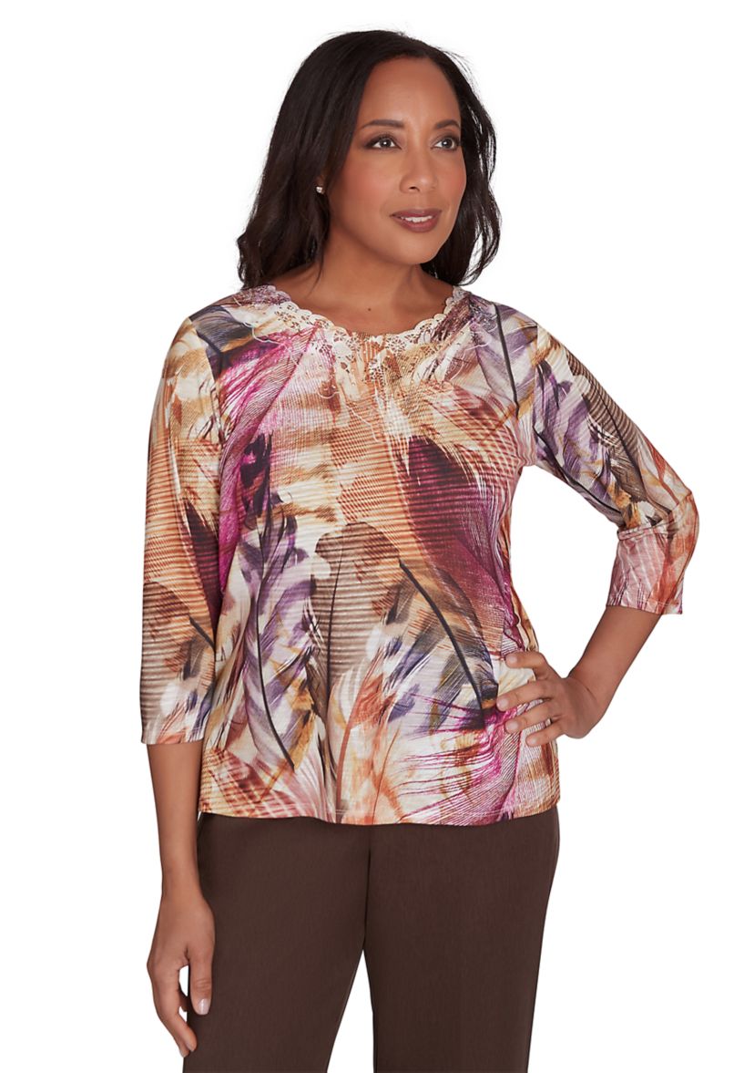 Womens Wine Country Feathers Lace Neck Top