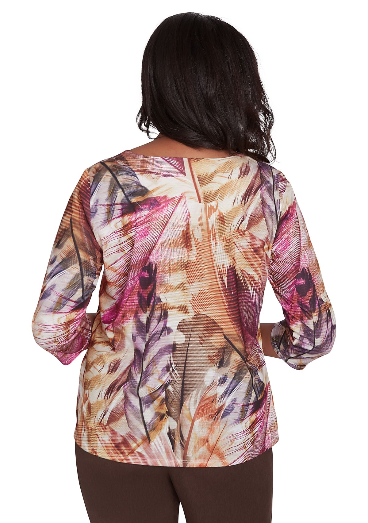 Womens Wine Country Feathers Lace Neck Top