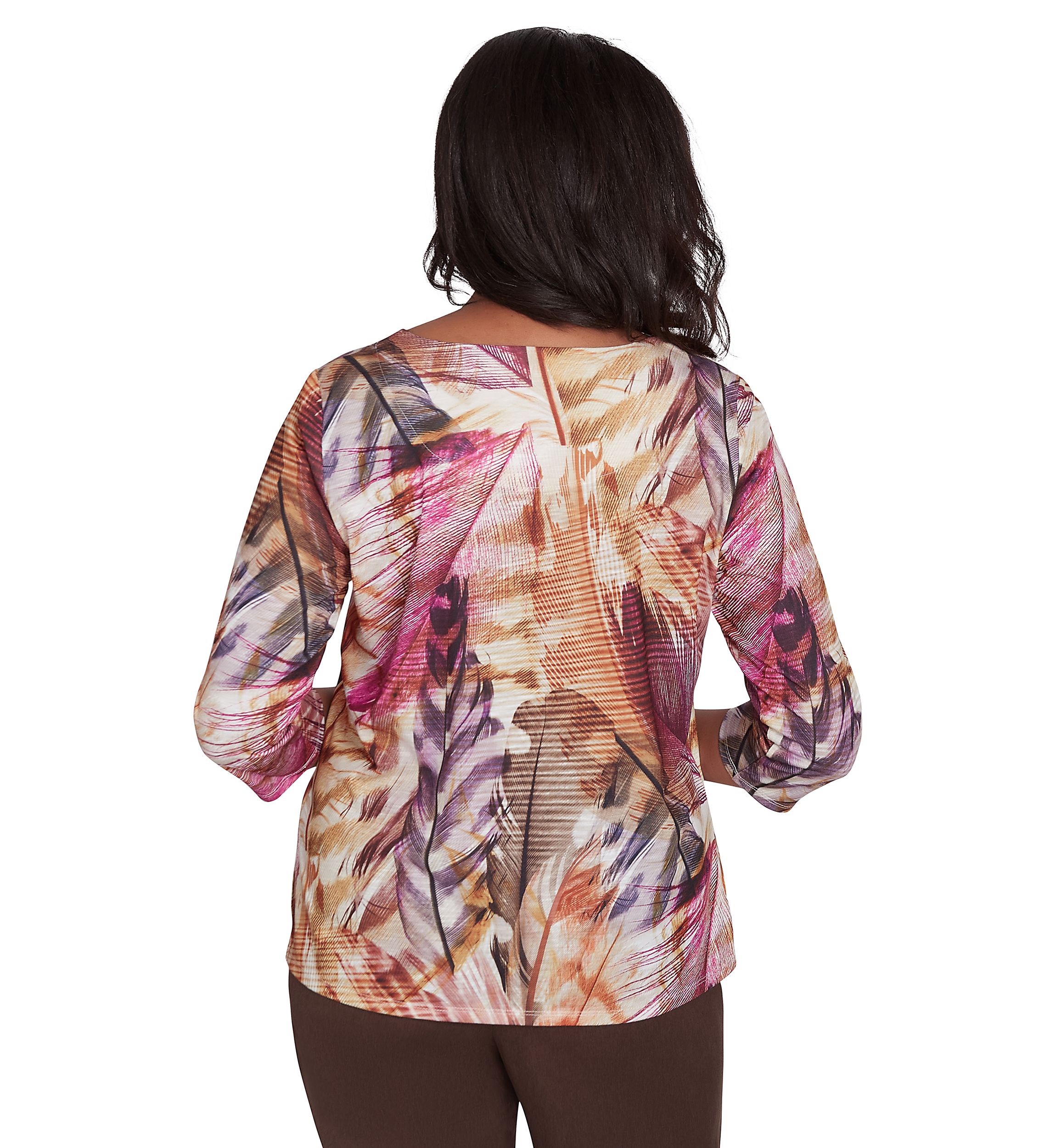 Womens Wine Country Feathers Lace Neck Top