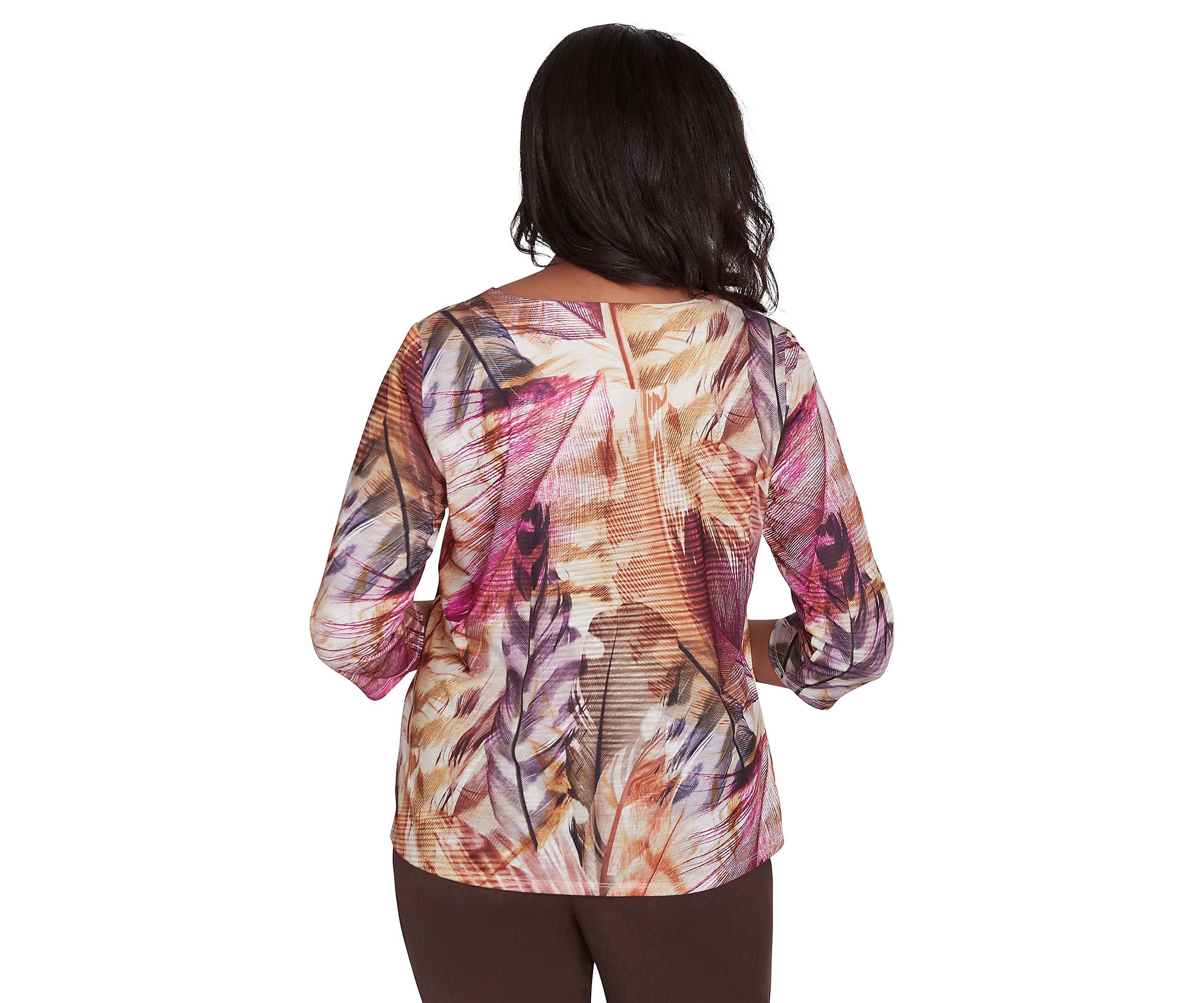 Womens Wine Country Feathers Lace Neck Top