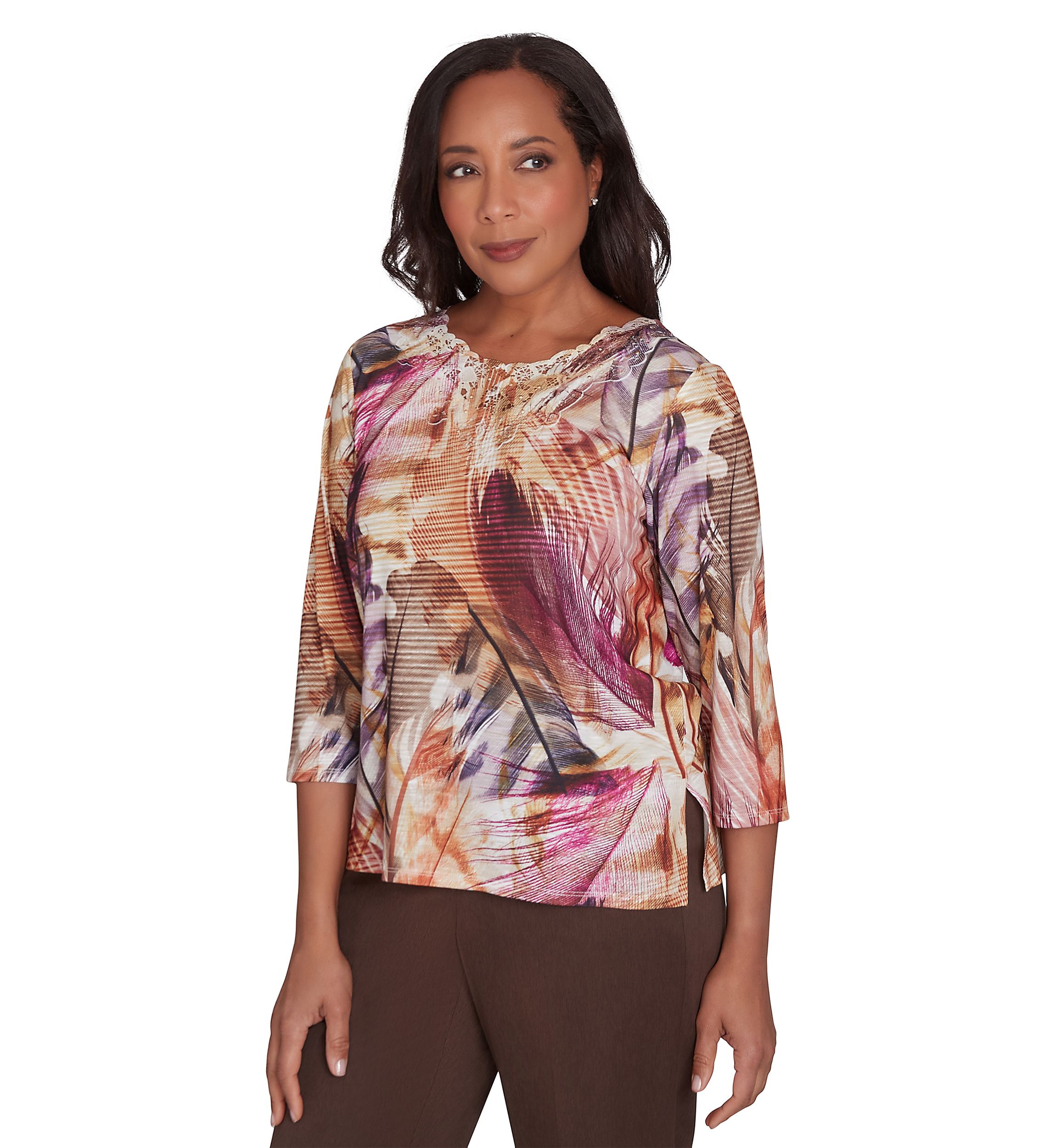Womens Wine Country Feathers Lace Neck Top