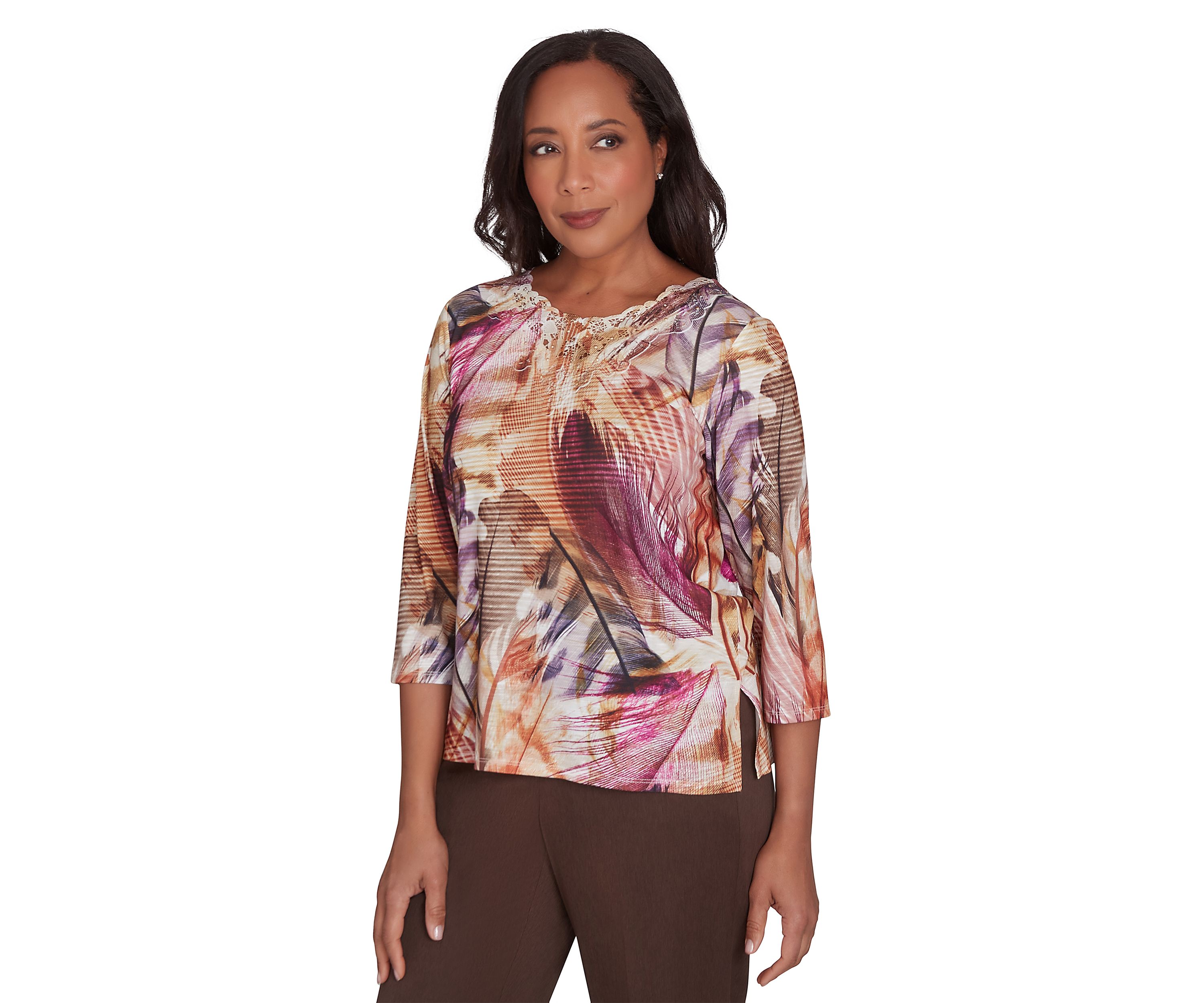 Womens Wine Country Feathers Lace Neck Top
