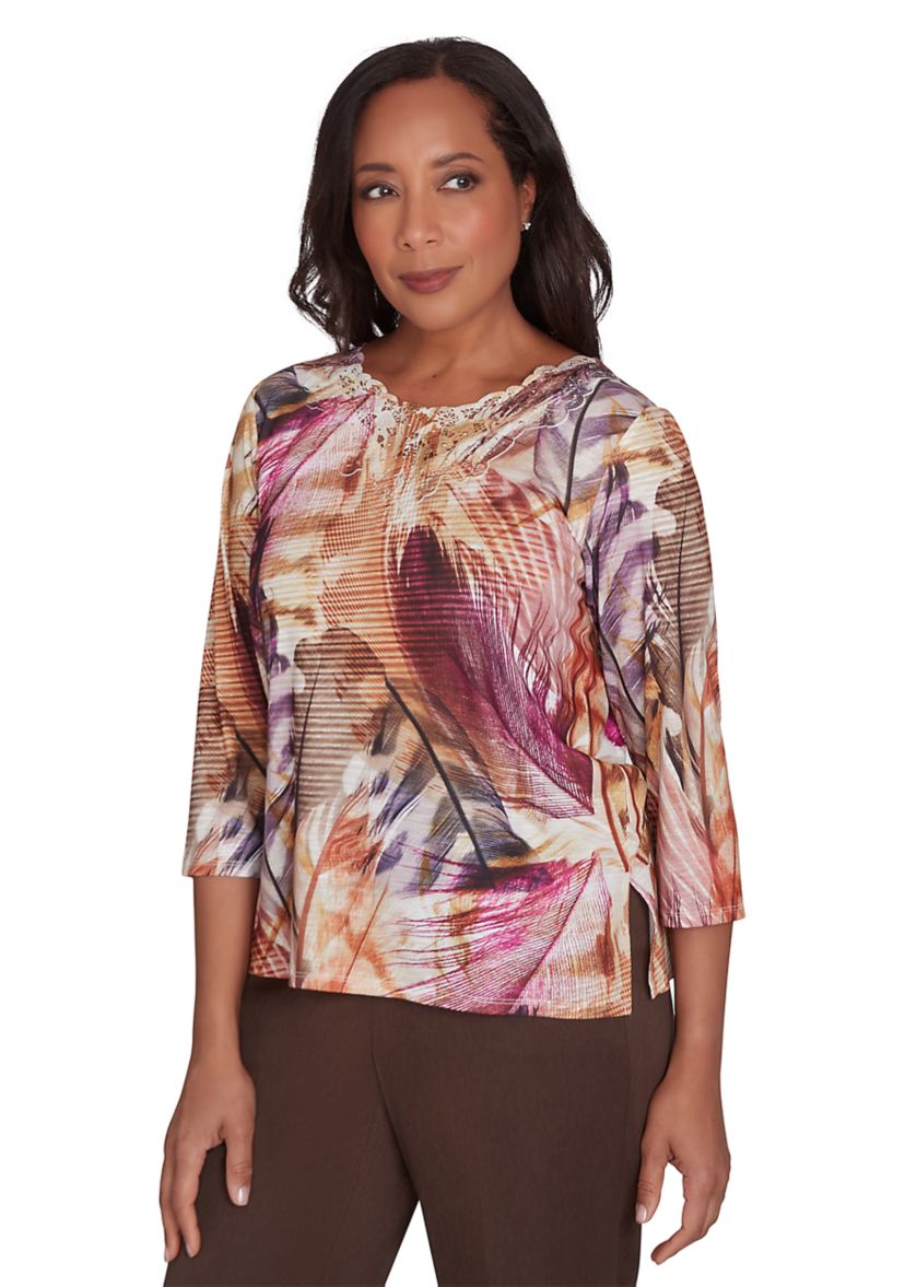 Womens Wine Country Feathers Lace Neck Top