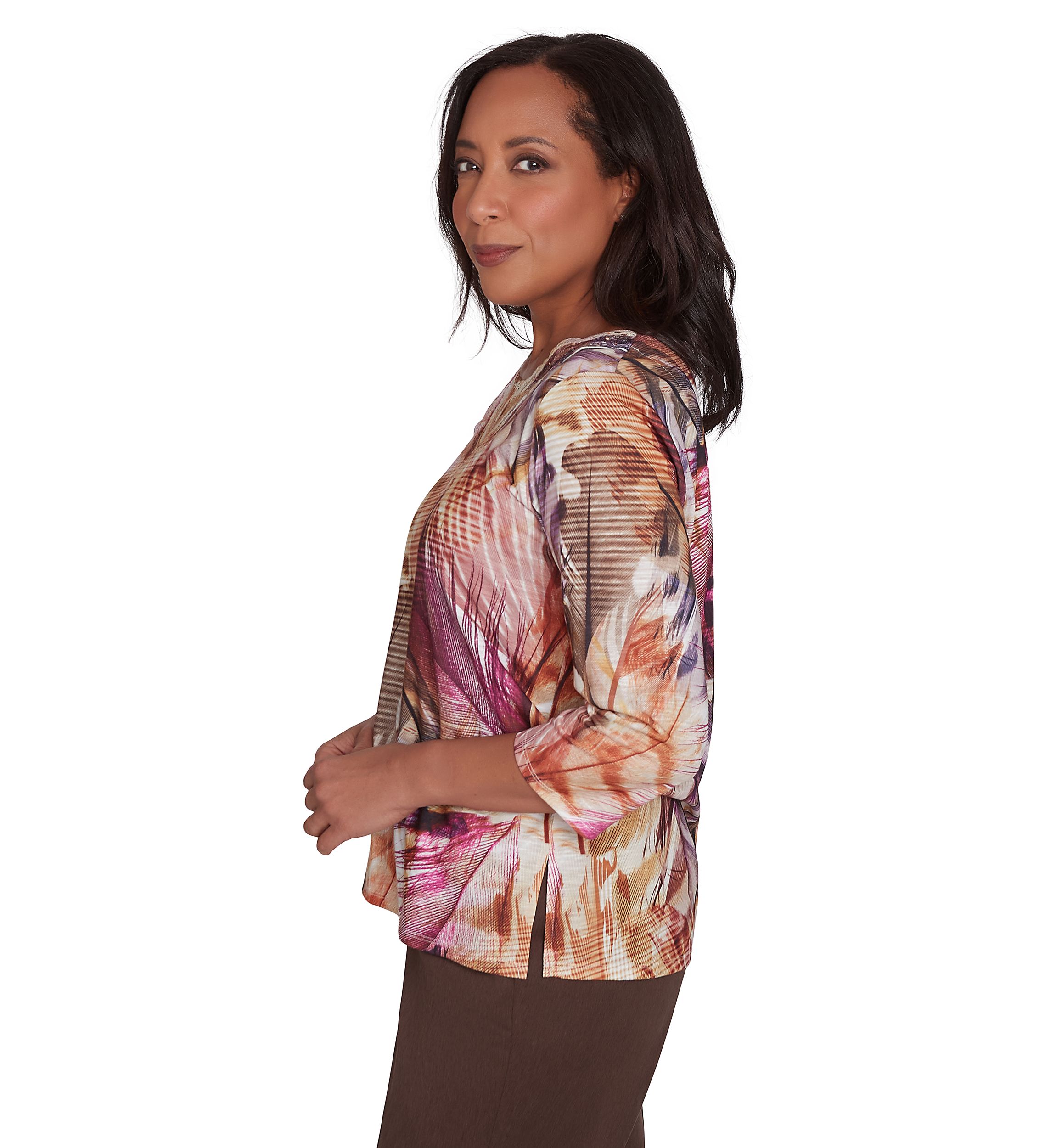 Womens Wine Country Feathers Lace Neck Top
