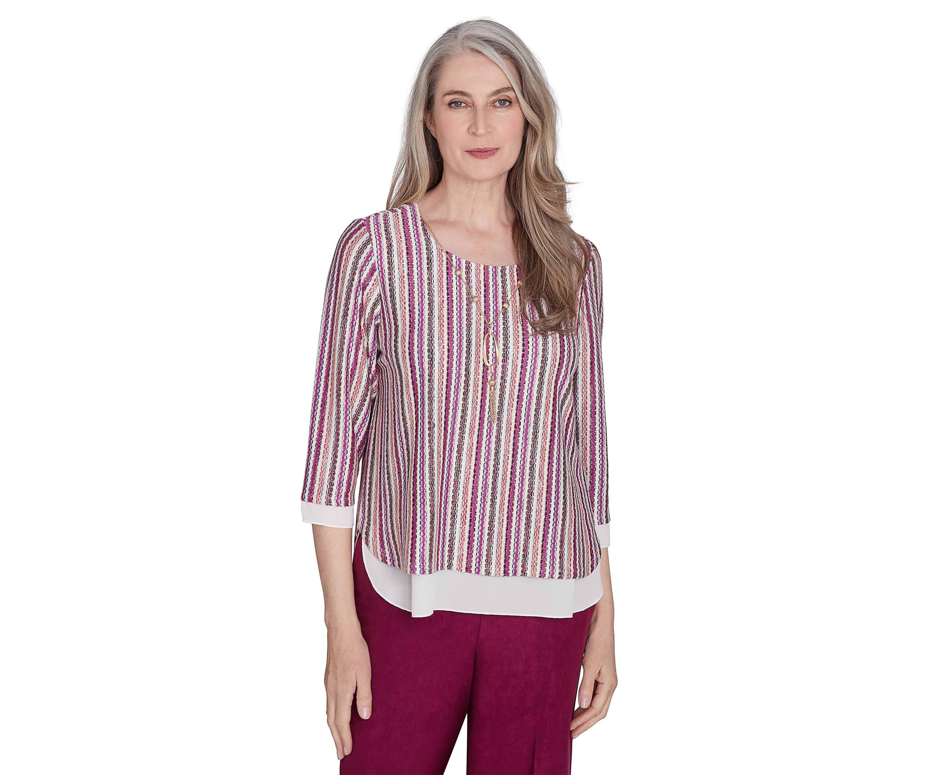 Womens Wine Country Stripe Metallic Textured Top with Woven Trim