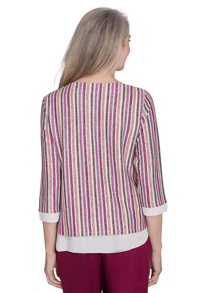 Womens Wine Country Stripe Metallic Textured Top with Woven Trim