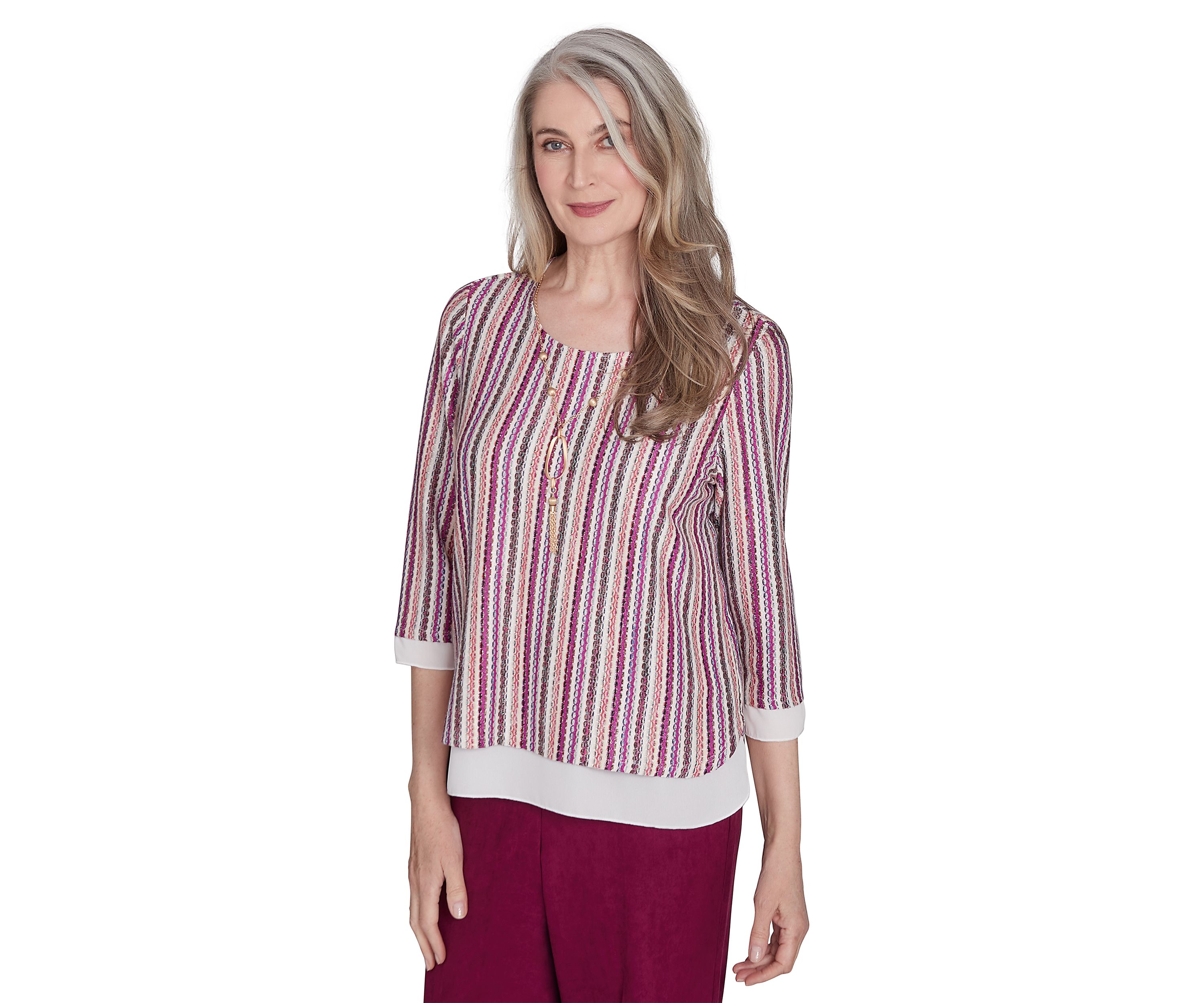Womens Wine Country Stripe Metallic Textured Top with Woven Trim