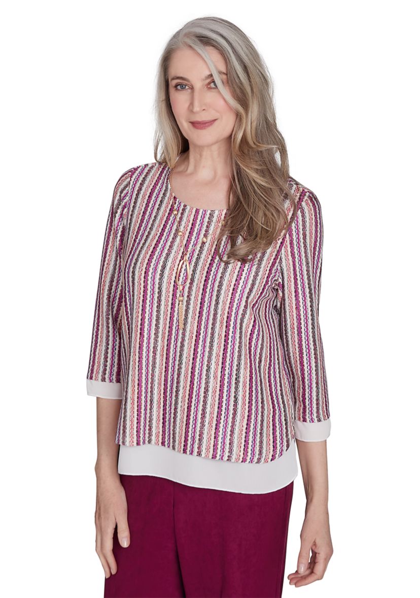 Womens Wine Country Stripe Metallic Textured Top with Woven Trim