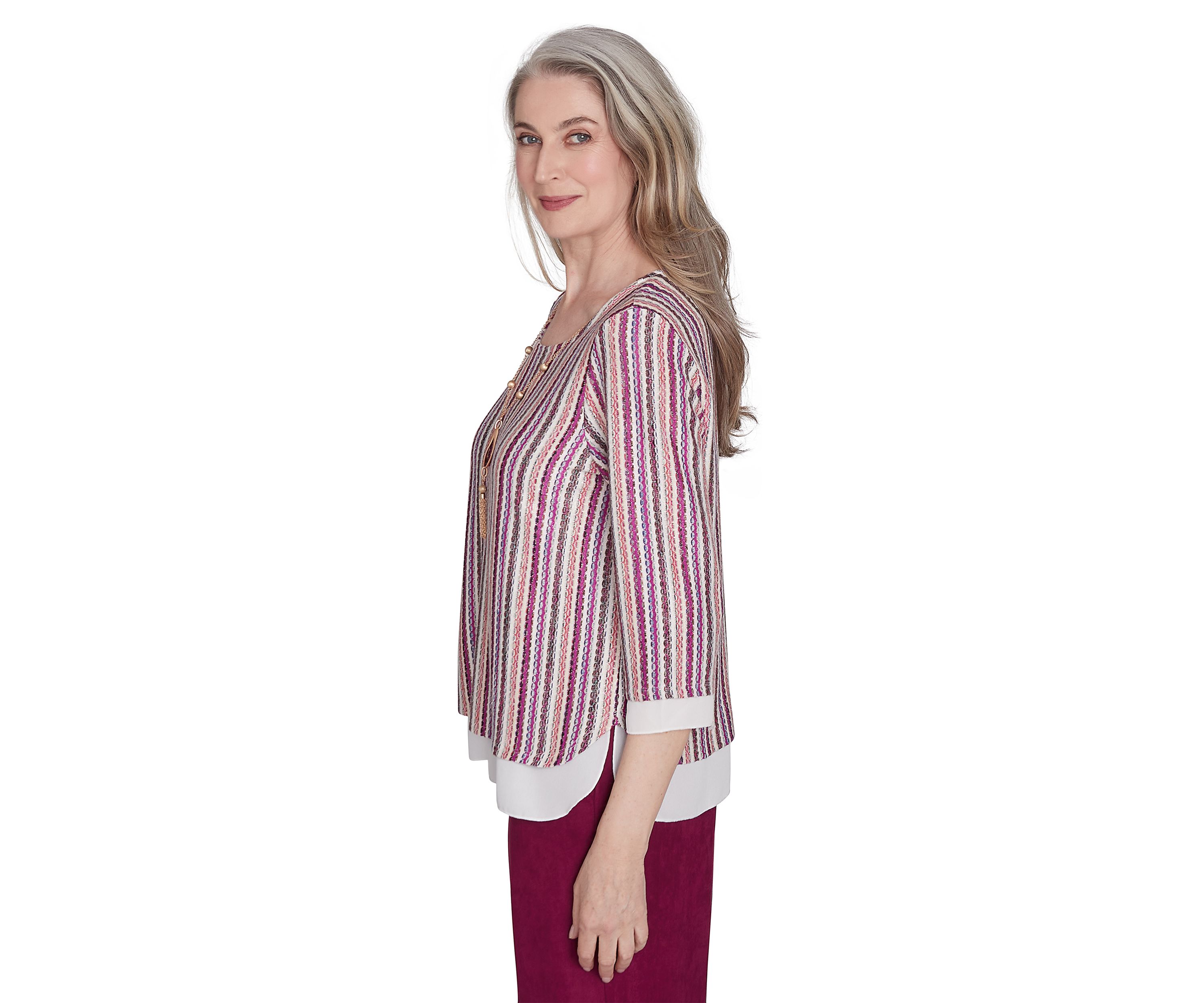 Womens Wine Country Stripe Metallic Textured Top with Woven Trim