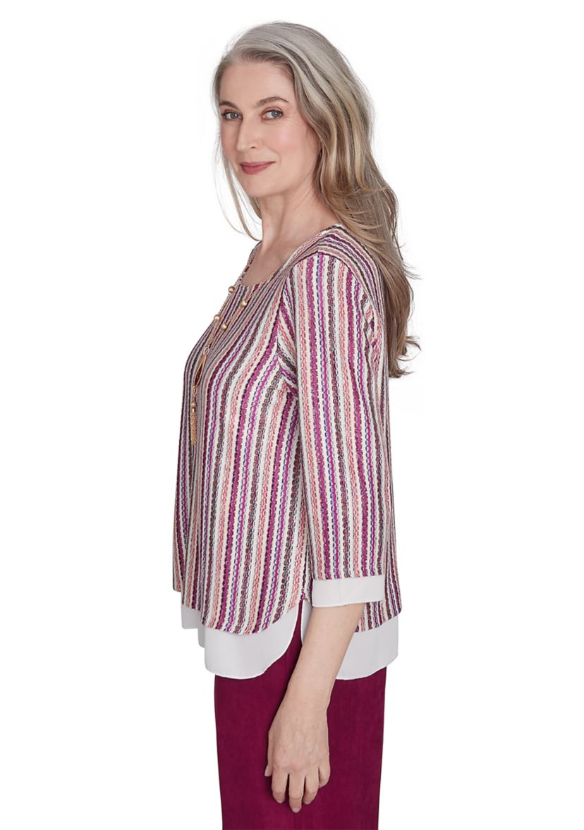 Womens Wine Country Stripe Metallic Textured Top with Woven Trim