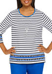 Womens 3/4 Sleeve Fringe Striped Knit Top