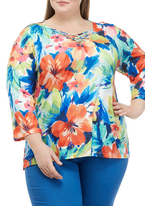 Alfred Dunner Plus Size 3/4 Sleeve Watercolor Floral