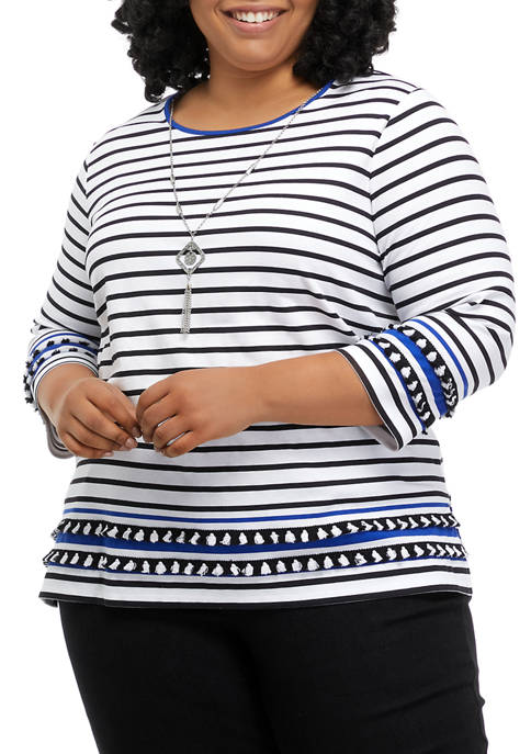 Plus Size 3/4 Sleeve Striped Fringe Top with Necklace