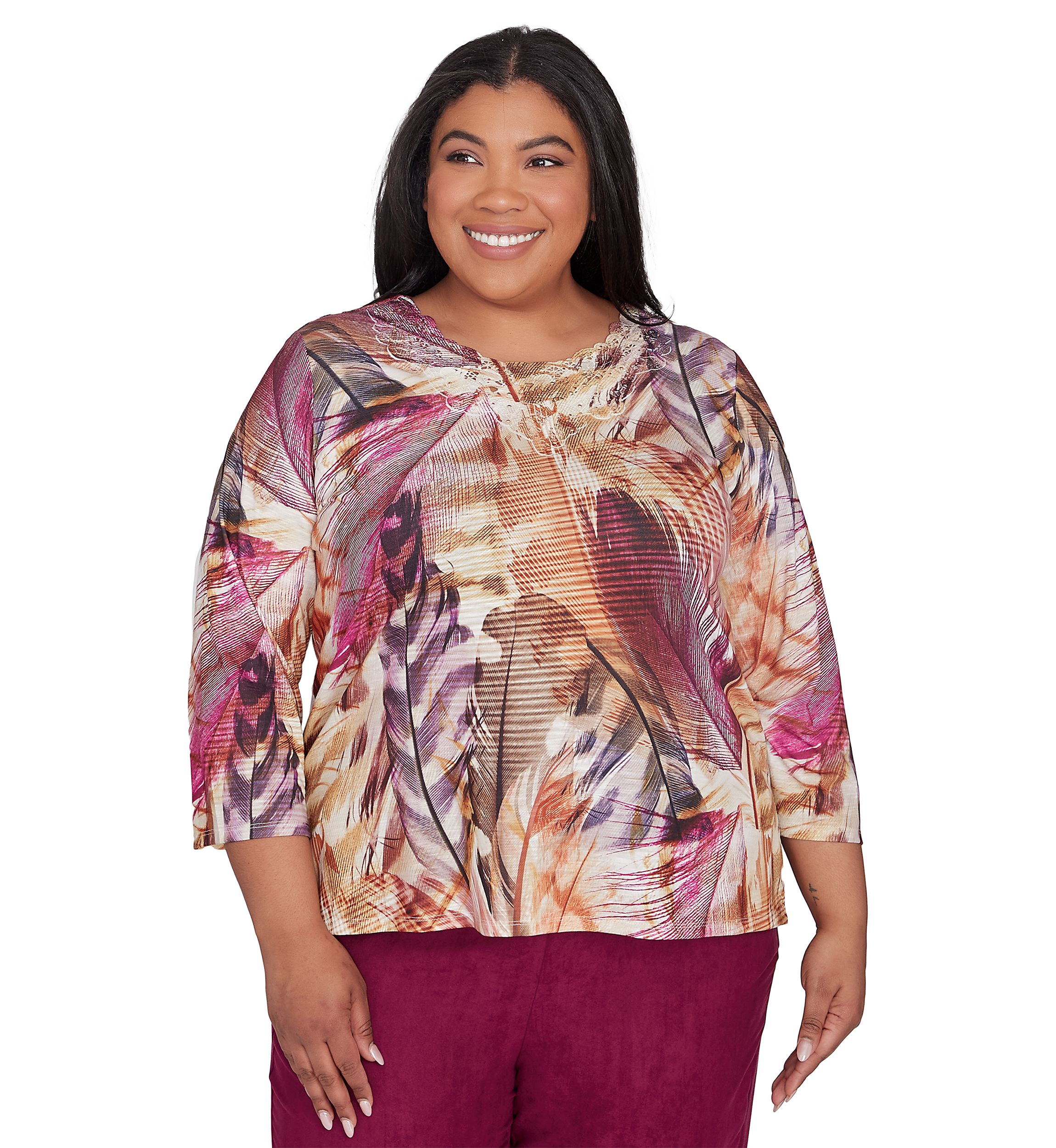 Plus Size Wine Country Feathers Lace Neck Top