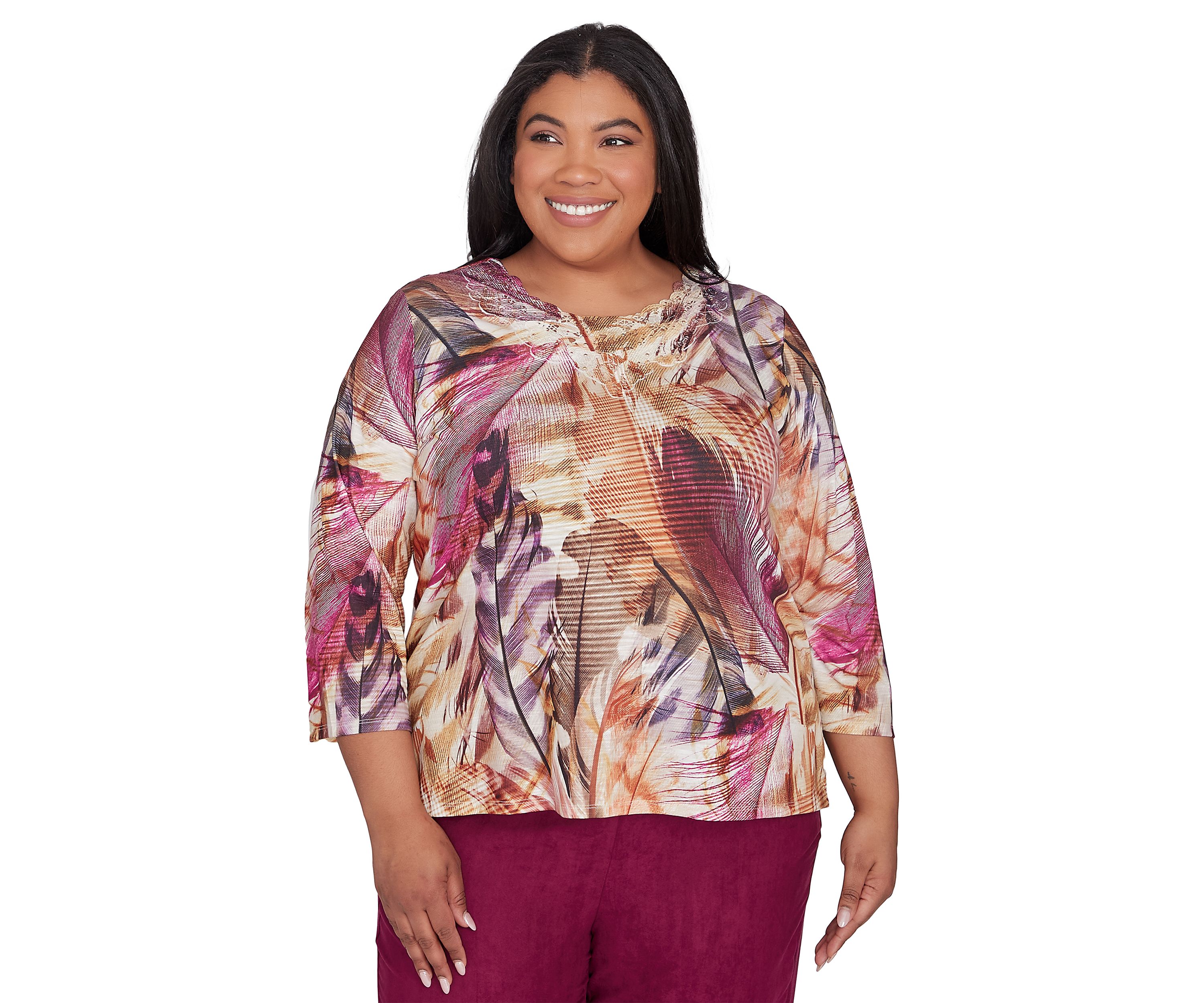Plus Size Wine Country Feathers Lace Neck Top