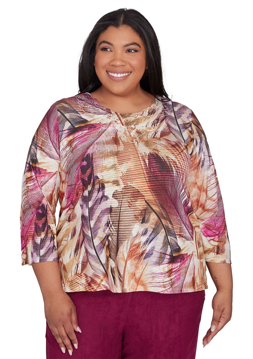 Plus Size Wine Country Feathers Lace Neck Top
