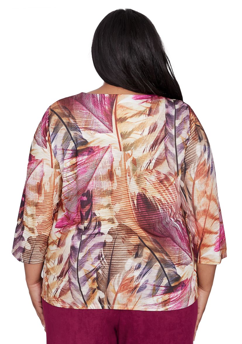 Plus Size Wine Country Feathers Lace Neck Top