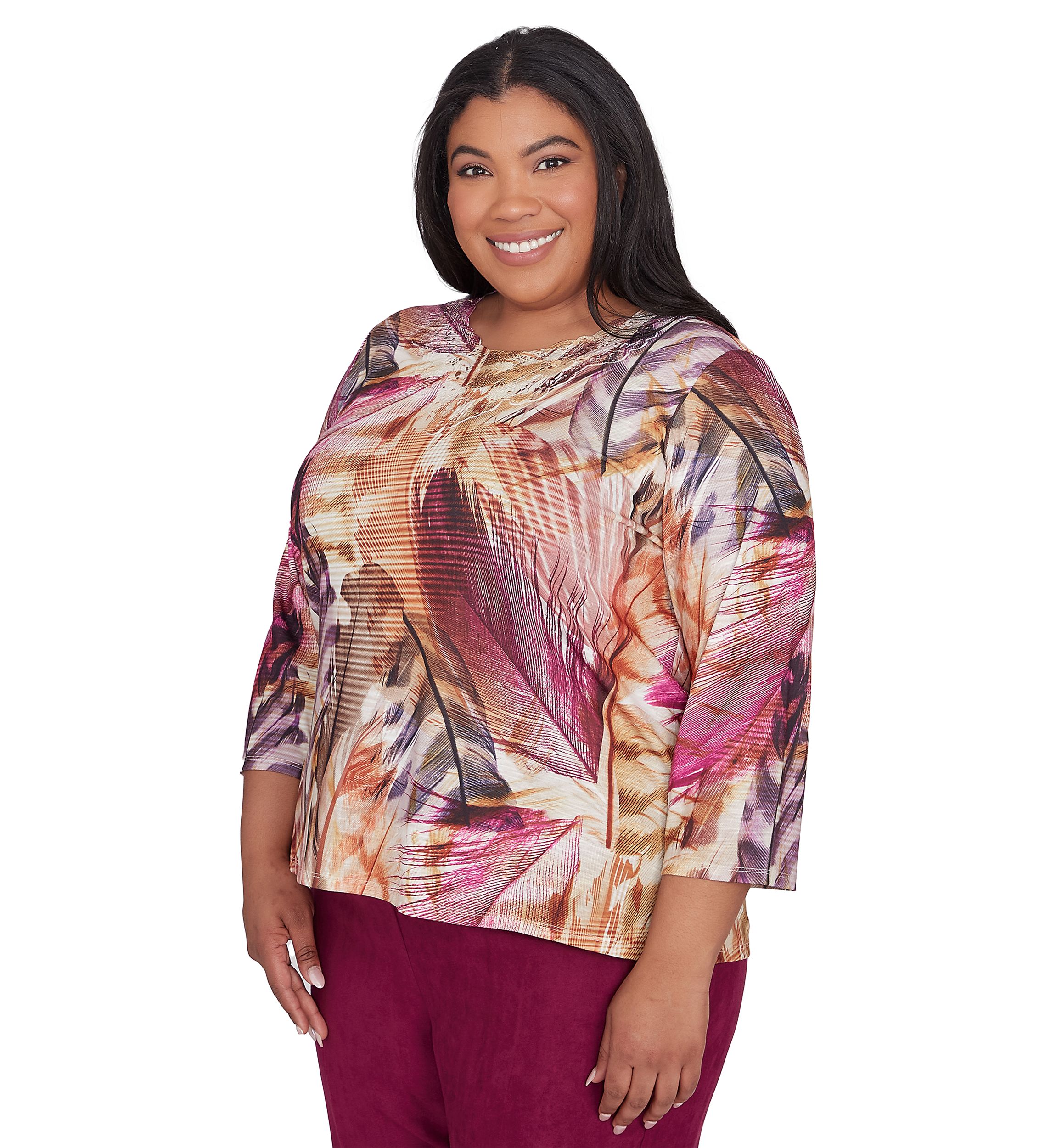 Plus Size Wine Country Feathers Lace Neck Top