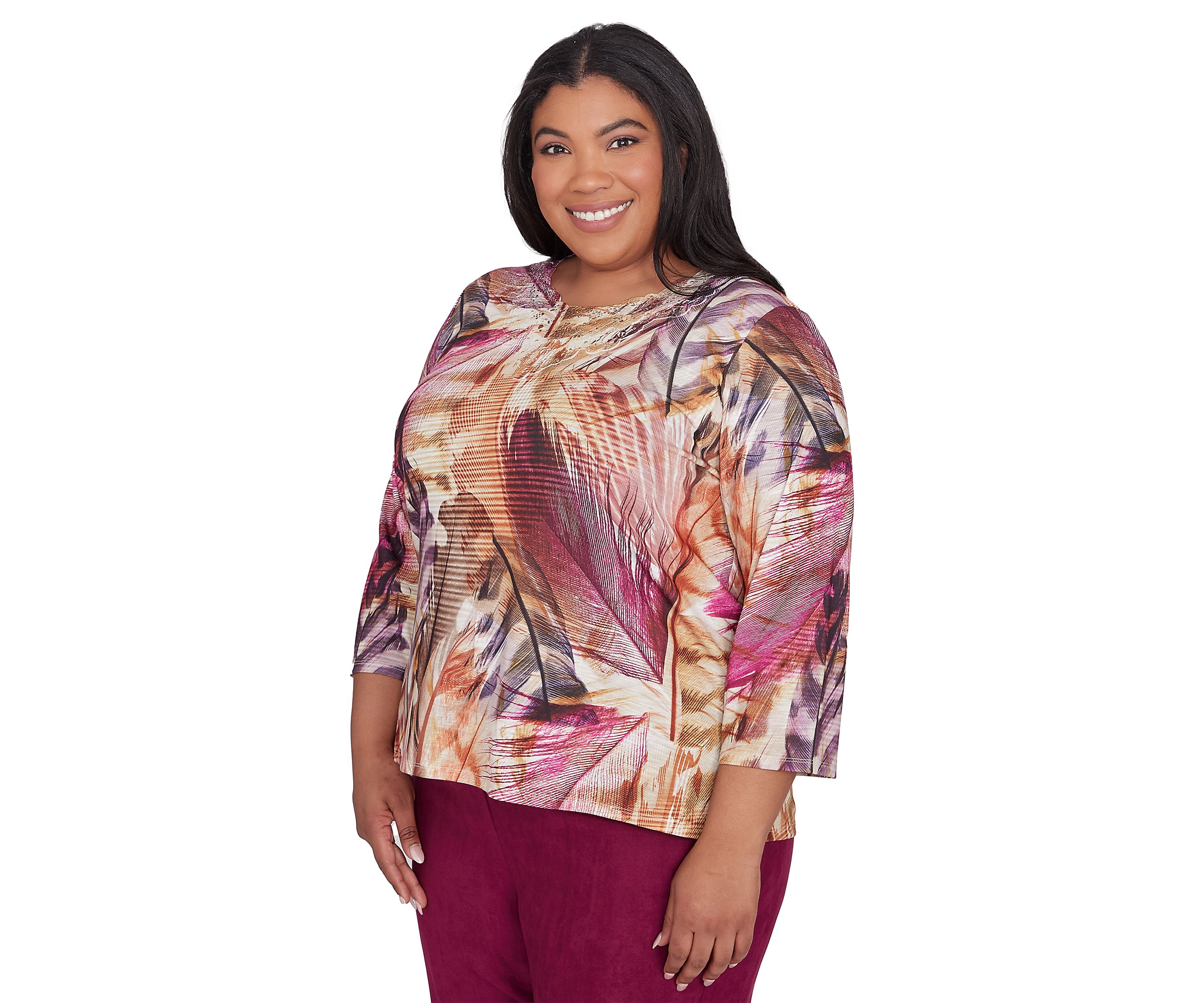 Plus Size Wine Country Feathers Lace Neck Top