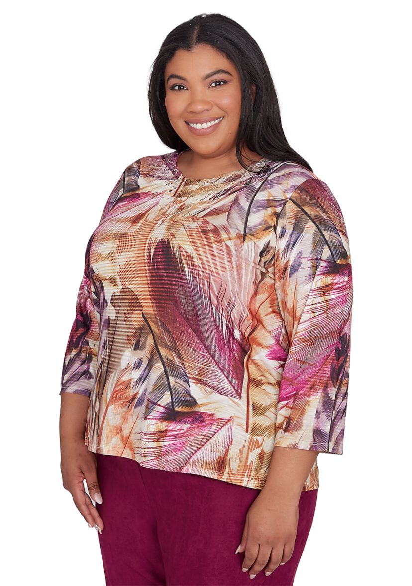 Plus Size Wine Country Feathers Lace Neck Top