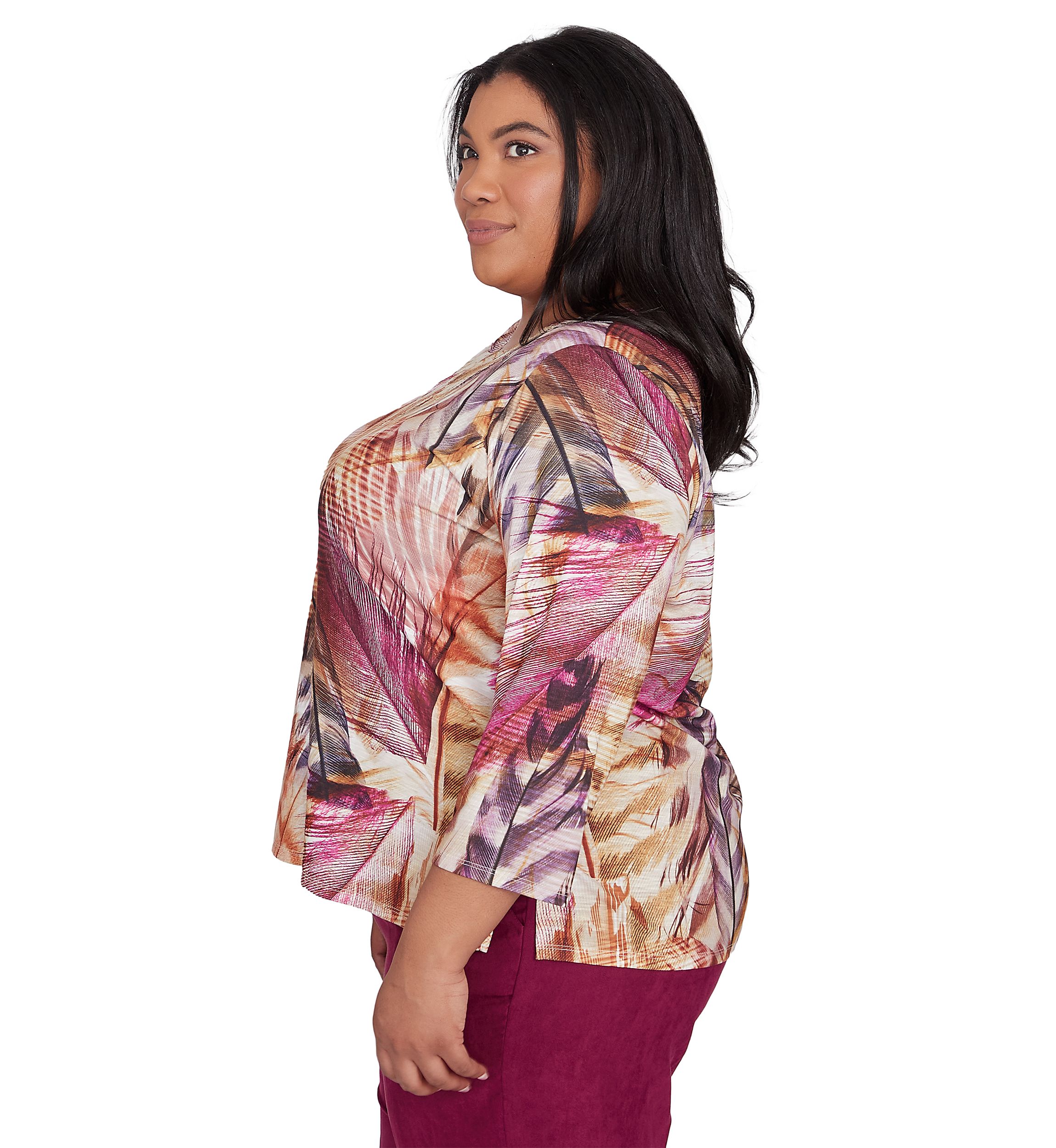 Plus Size Wine Country Feathers Lace Neck Top