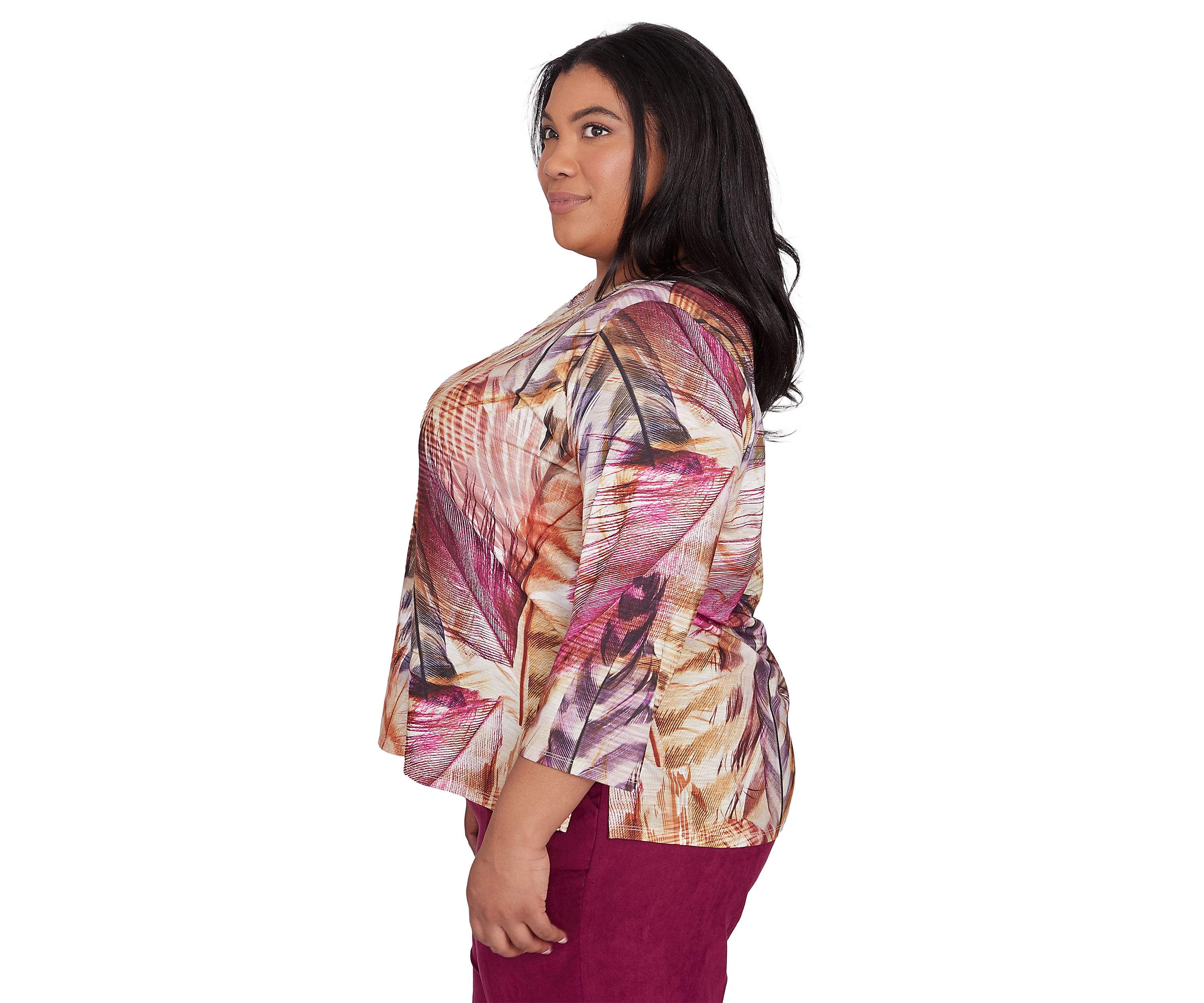 Plus Size Wine Country Feathers Lace Neck Top