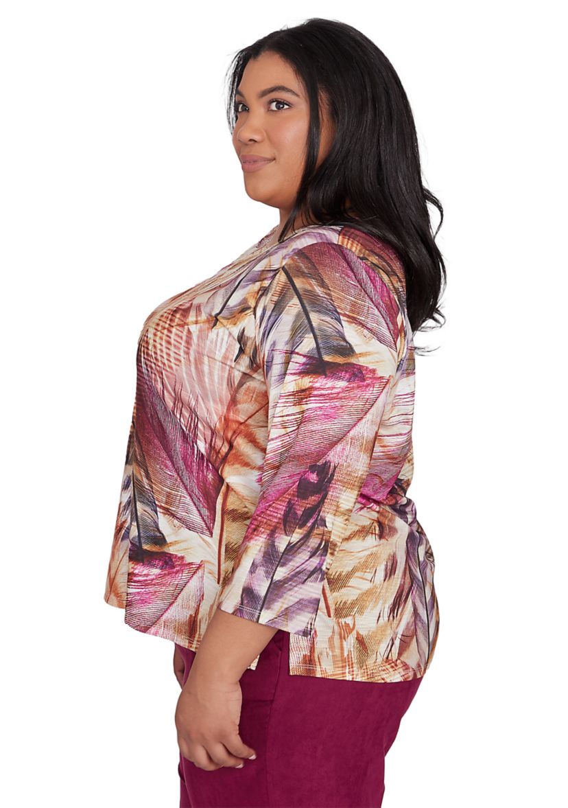 Plus Size Wine Country Feathers Lace Neck Top