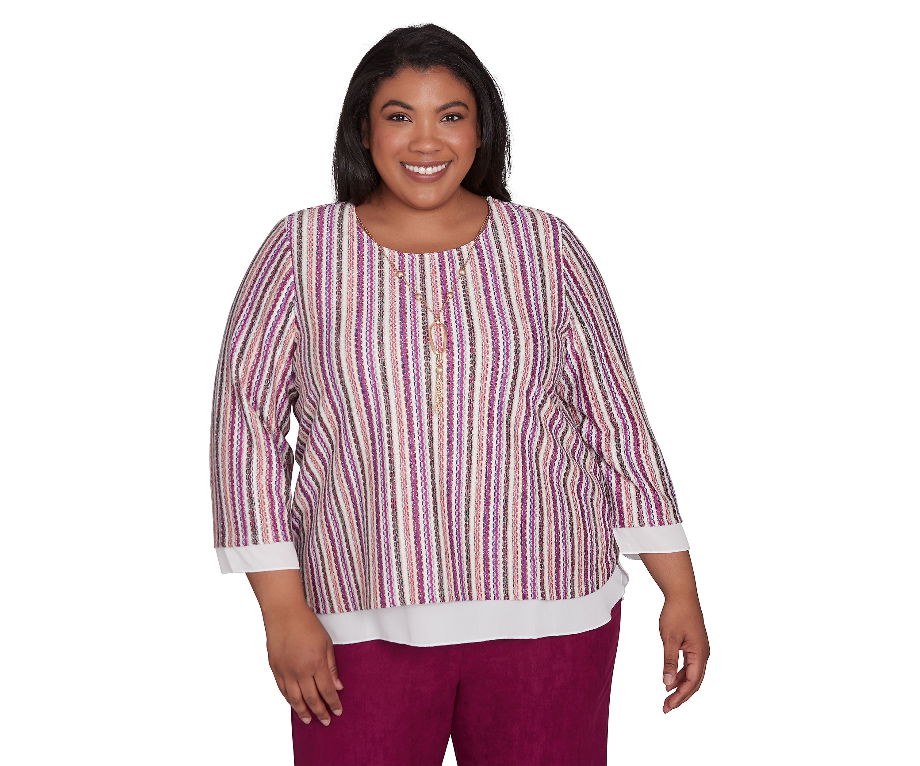 Plus Size Wine Country Stripe Metallic Texture with Woven Trim Top