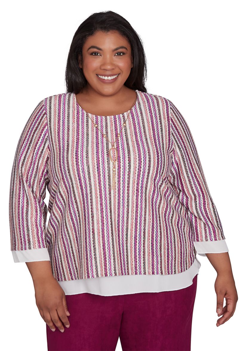 Plus Size Wine Country Stripe Metallic Texture with Woven Trim Top