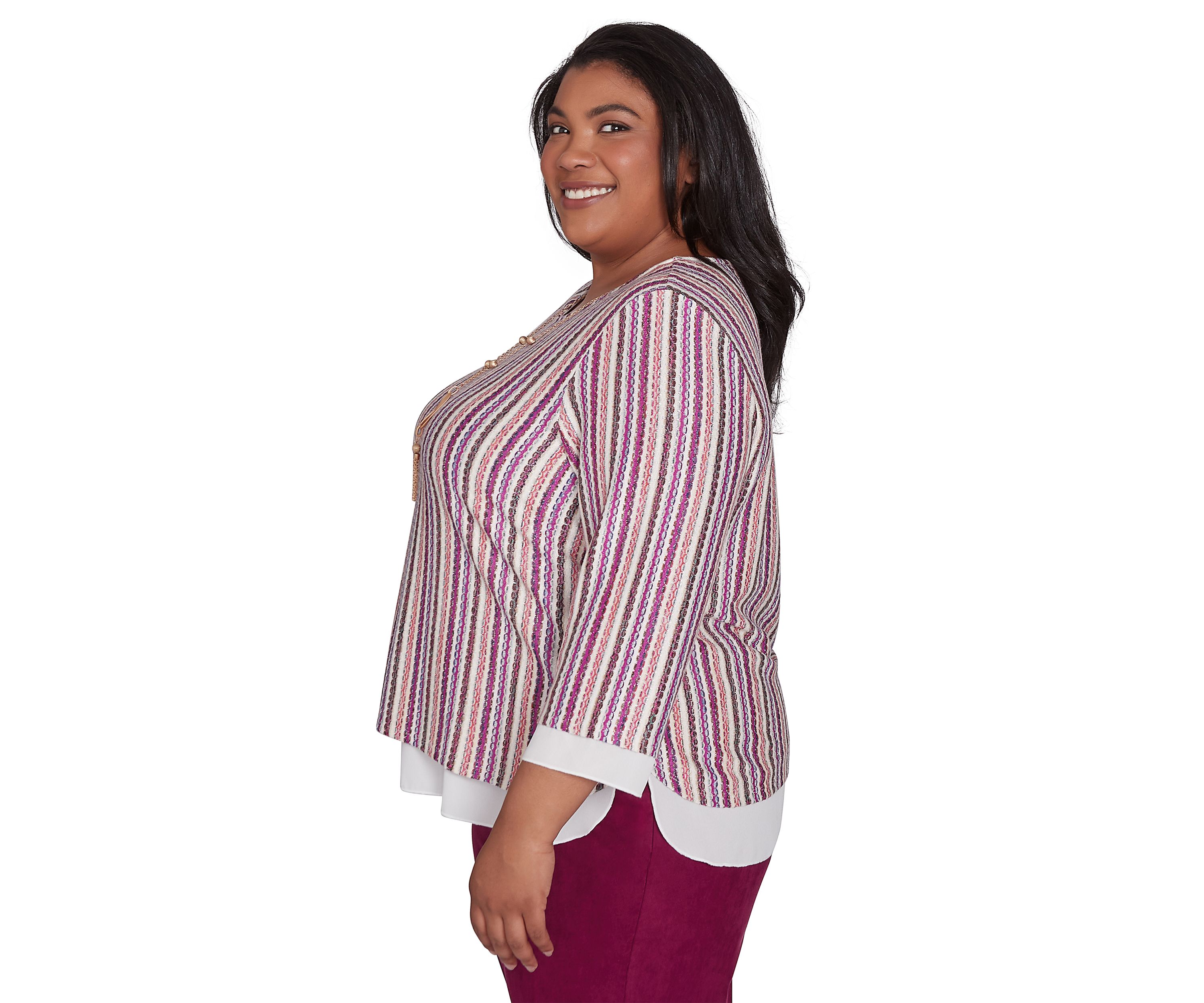 Plus Size Wine Country Stripe Metallic Texture with Woven Trim Top