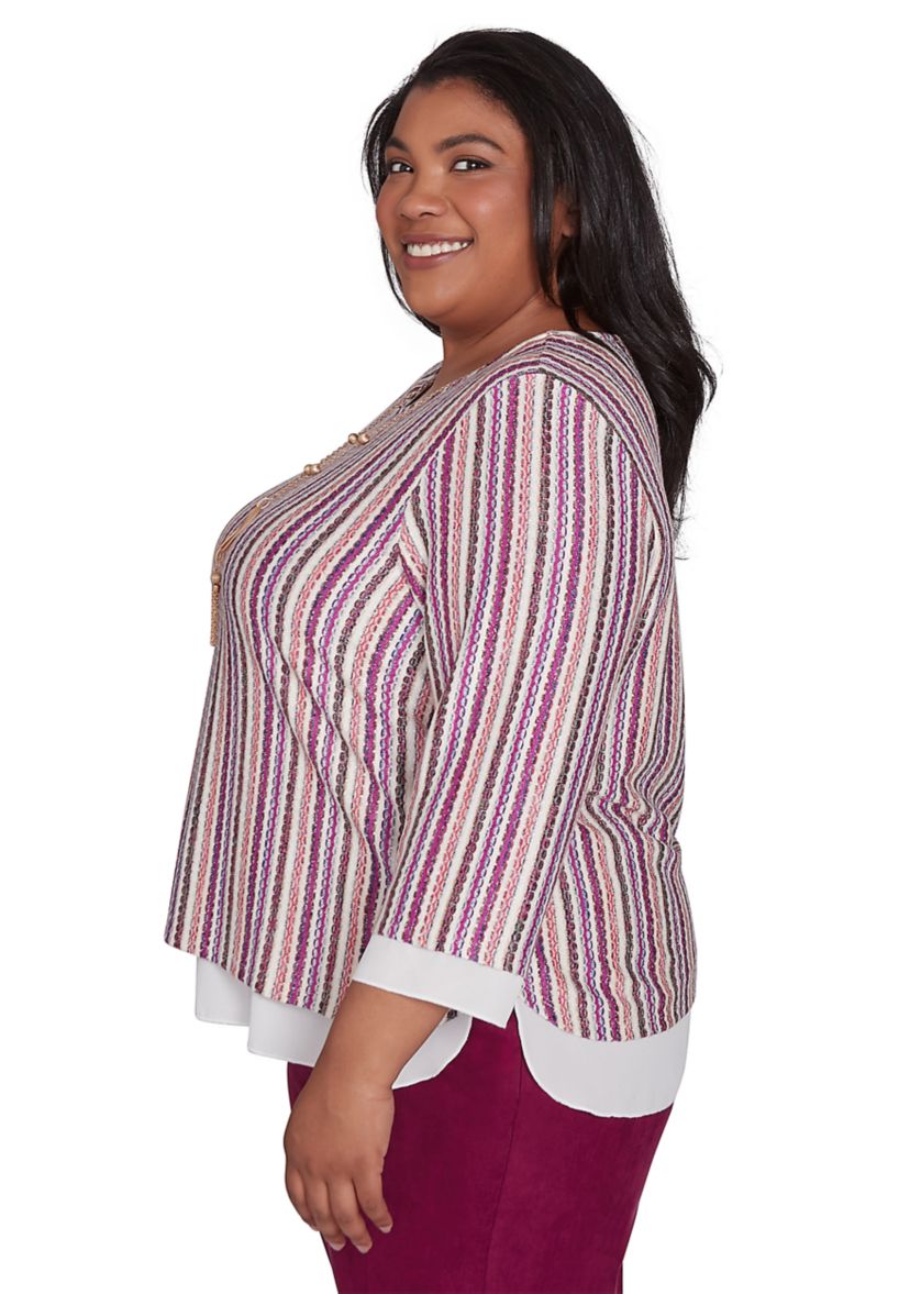 Plus Size Wine Country Stripe Metallic Texture with Woven Trim Top