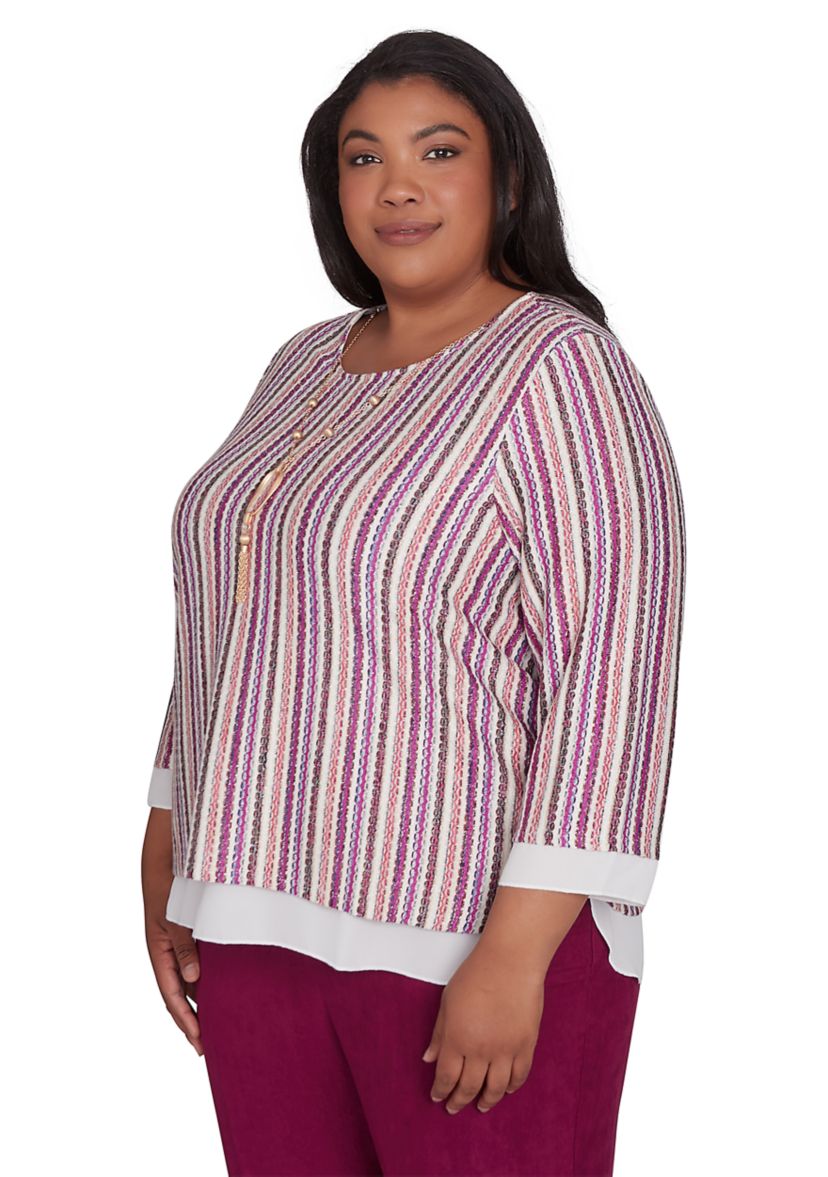 Plus Size Wine Country Stripe Metallic Texture with Woven Trim Top