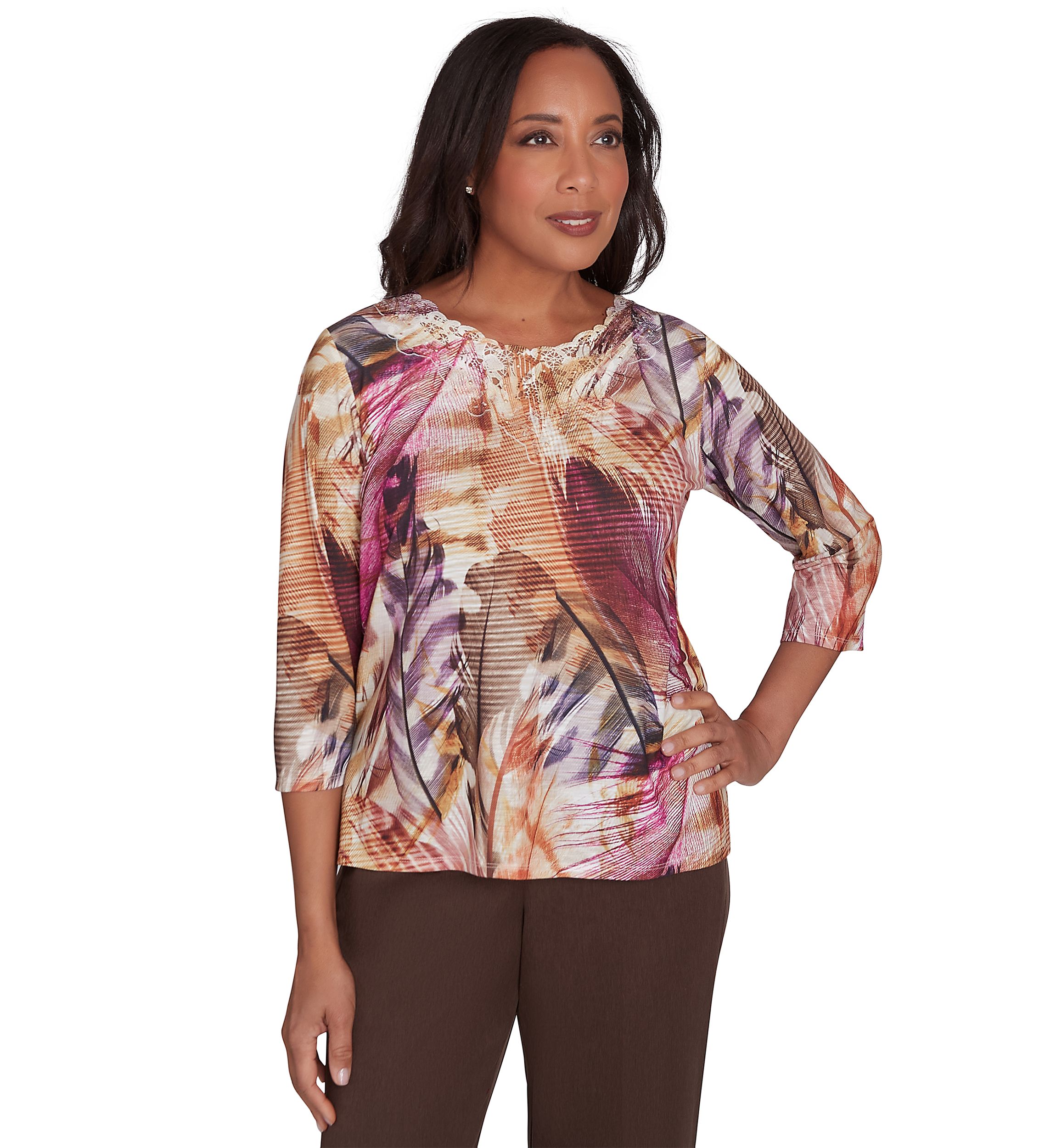 Petite Wine Country Feathers Lace Neck Top