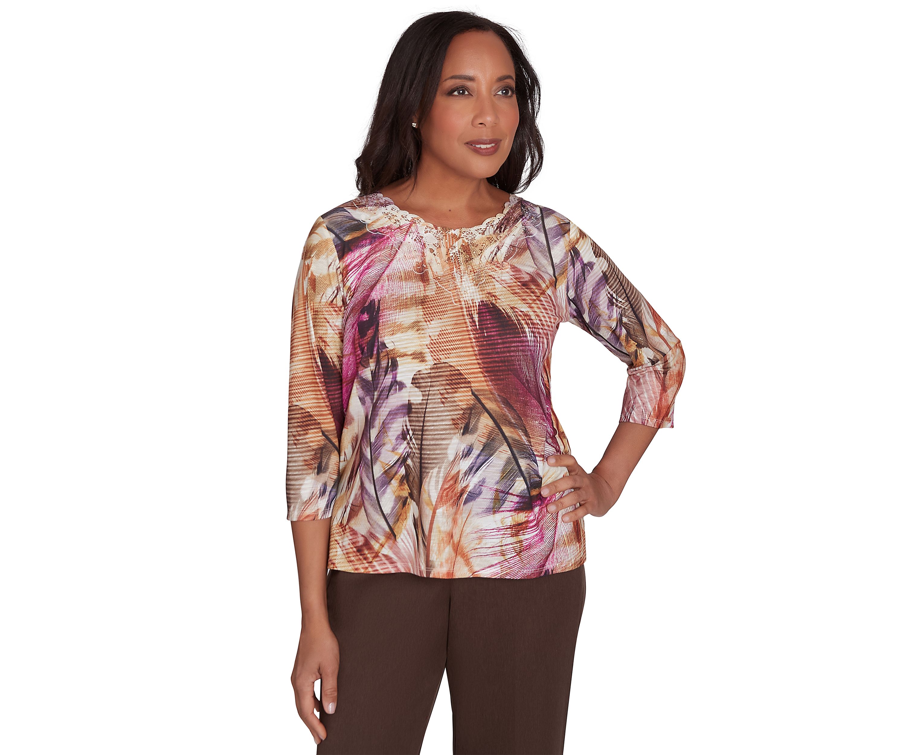 Petite Wine Country Feathers Lace Neck Top