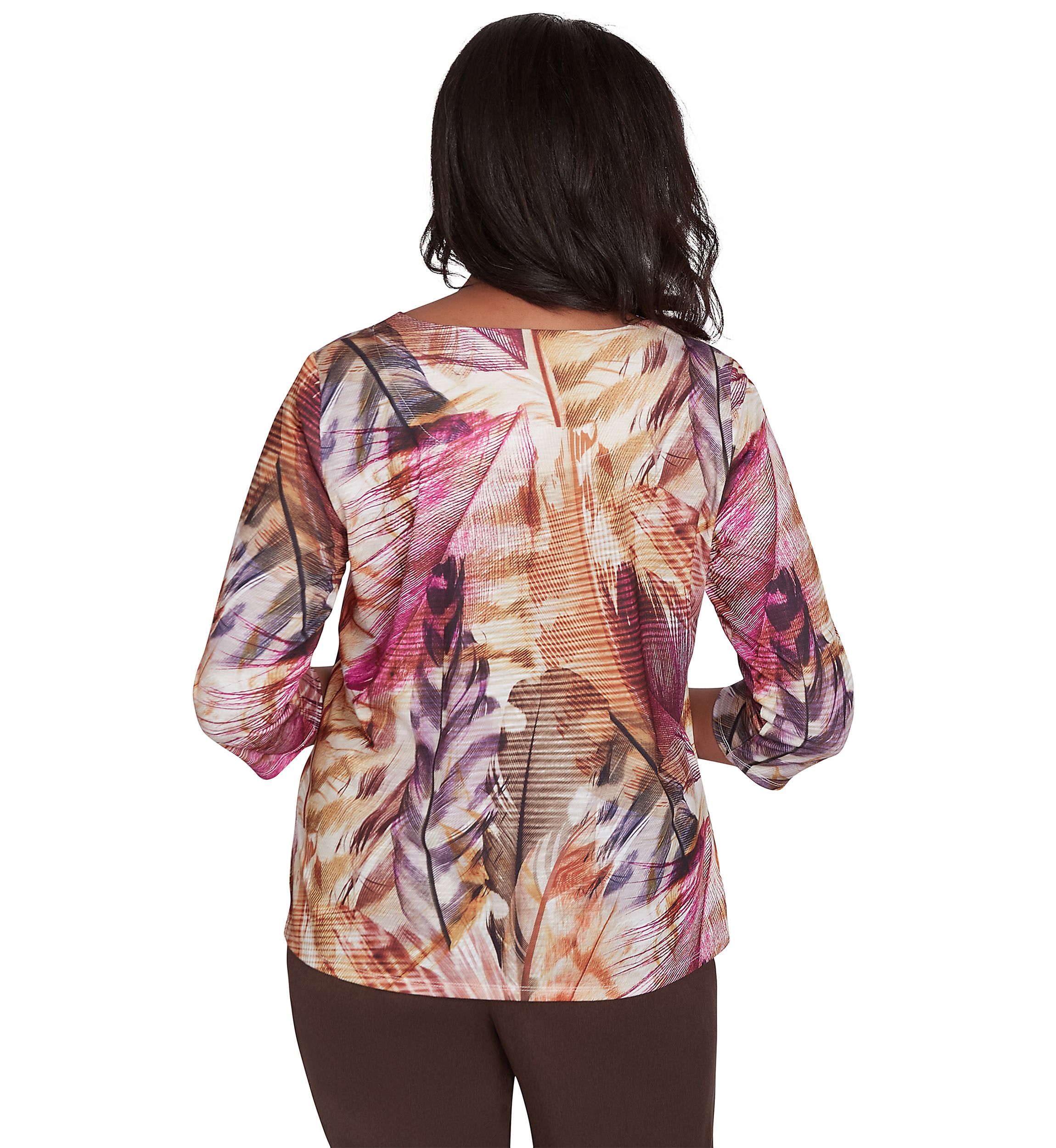 Petite Wine Country Feathers Lace Neck Top