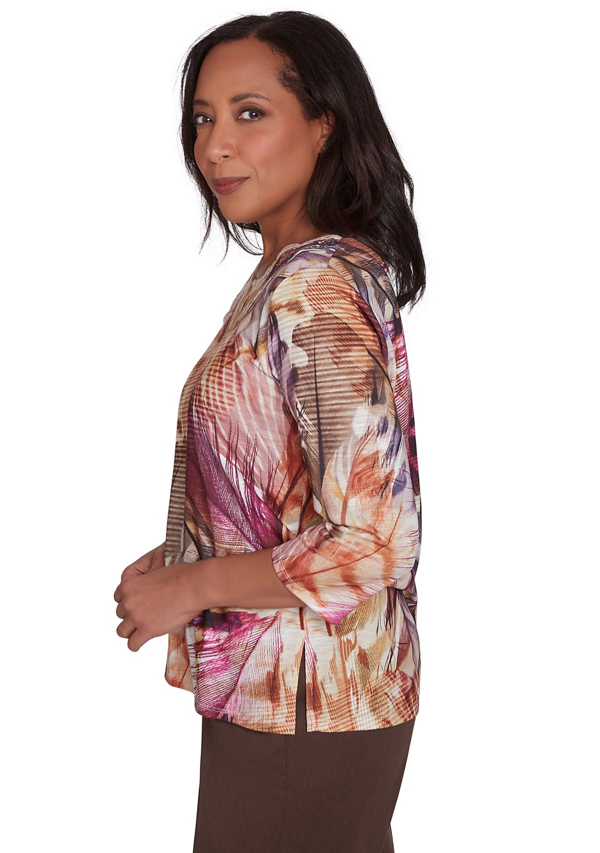 Petite Wine Country Feathers Lace Neck Top