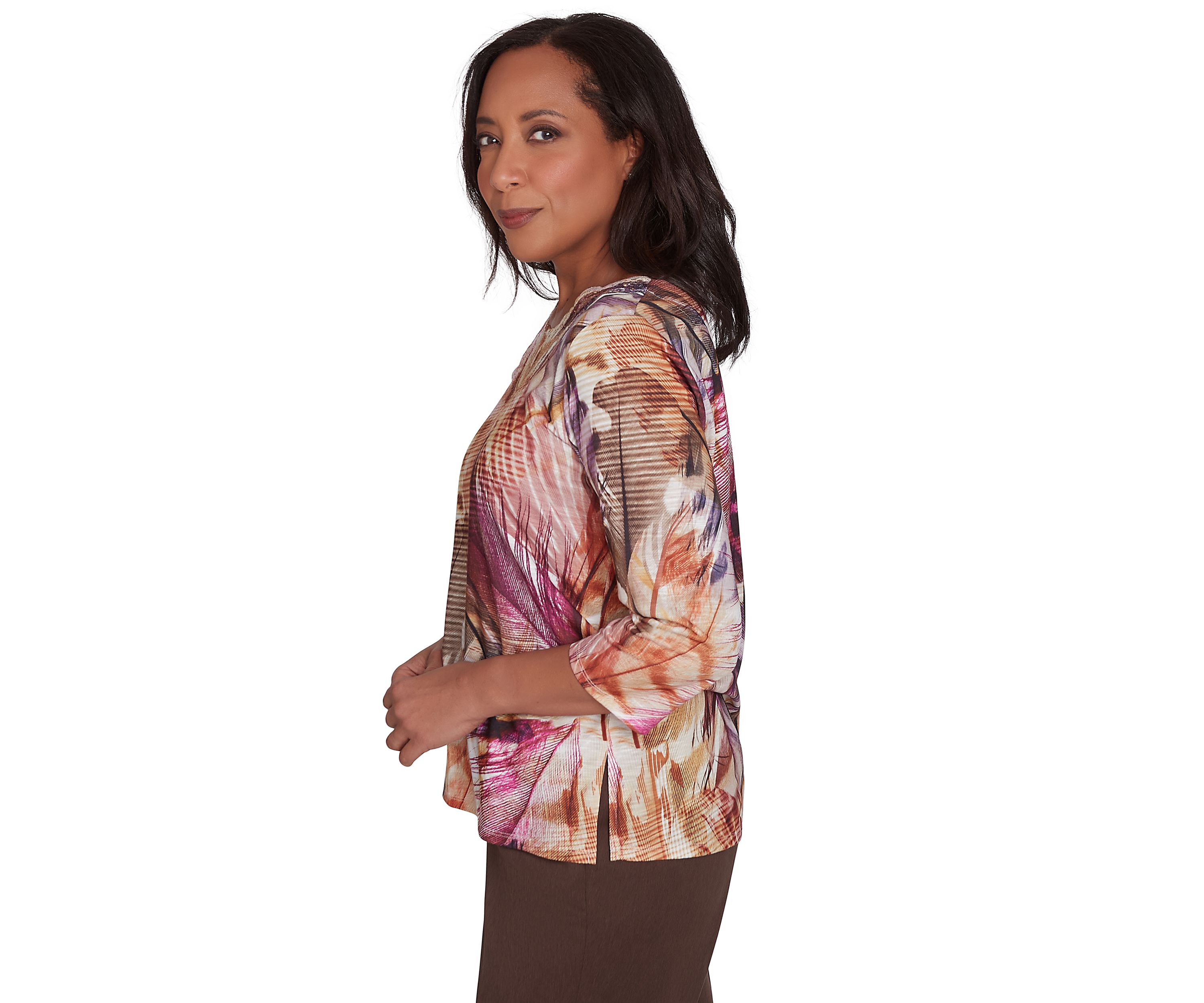 Petite Wine Country Feathers Lace Neck Top
