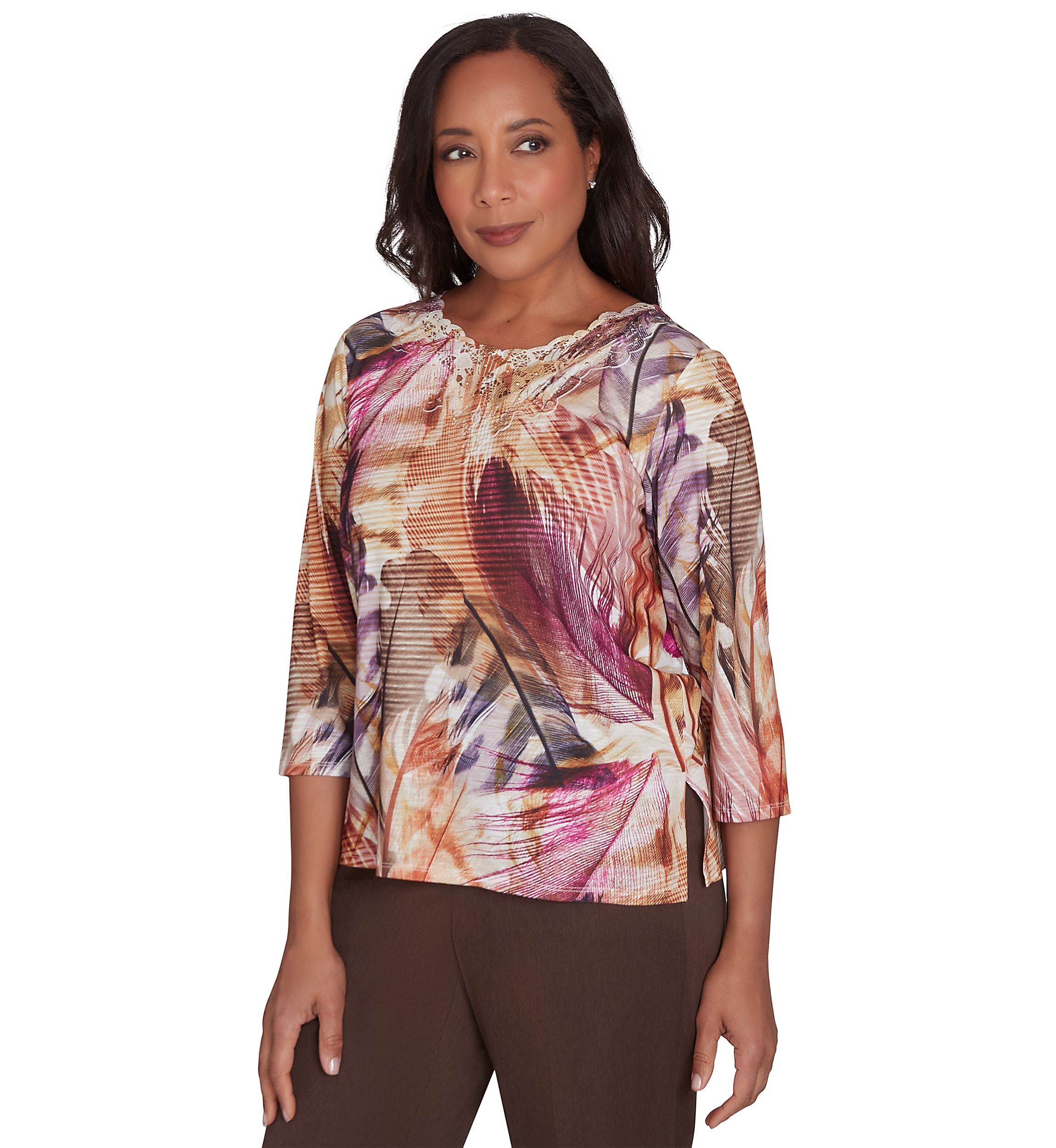 Petite Wine Country Feathers Lace Neck Top