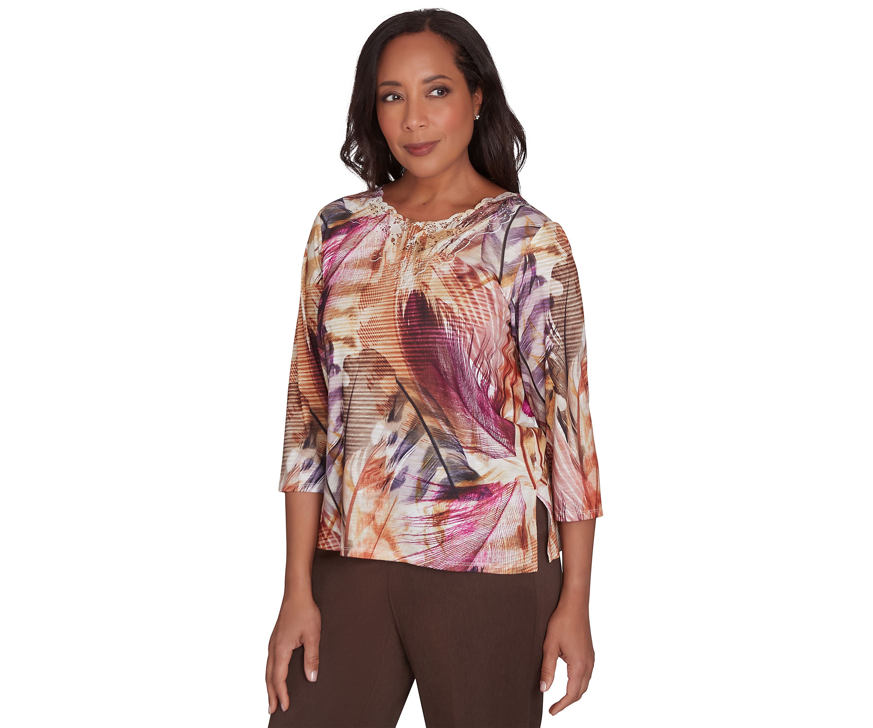 Petite Wine Country Feathers Lace Neck Top