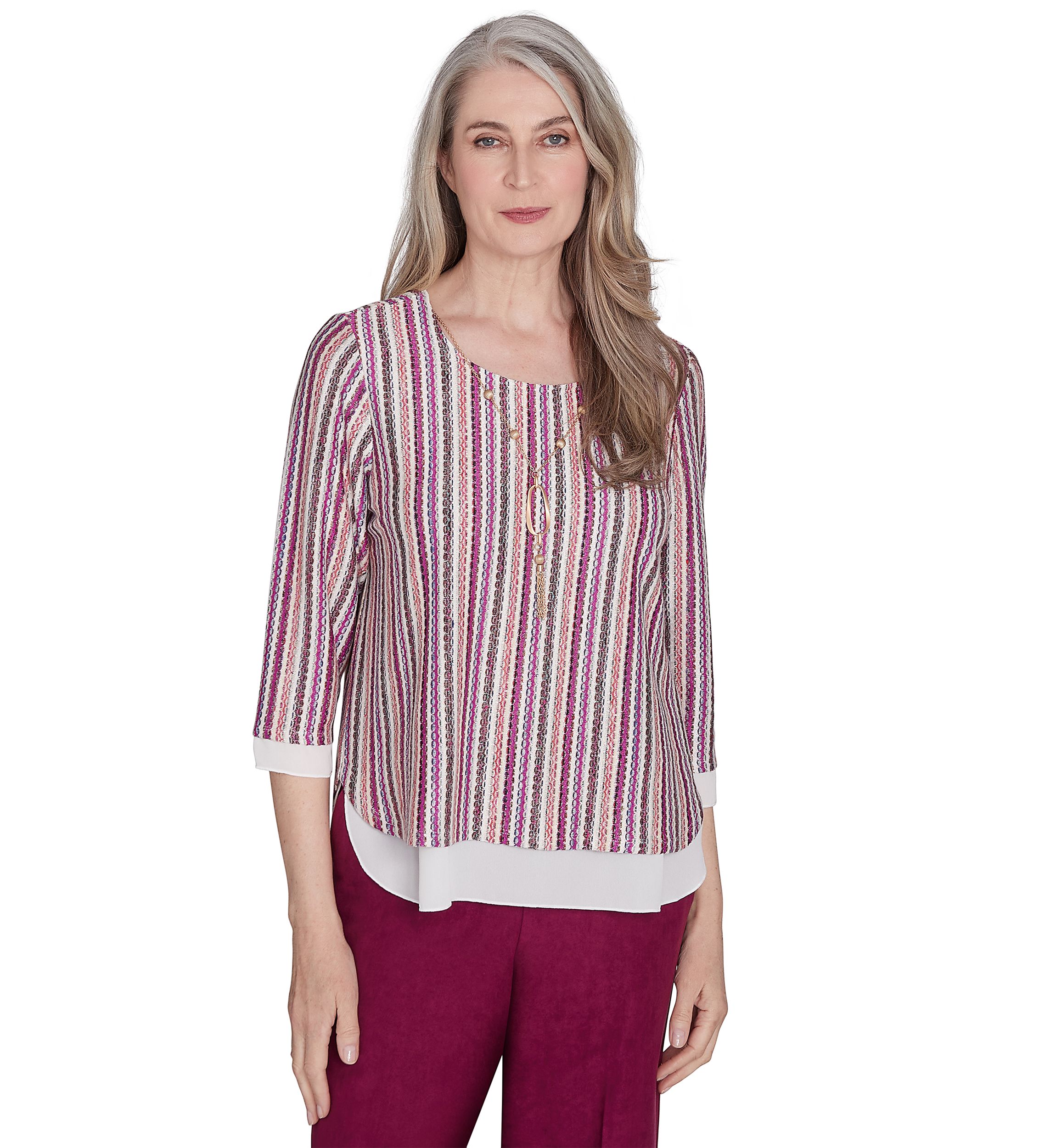Petite Wine Country Stripe Metallic Texture with Woven Trim Top 