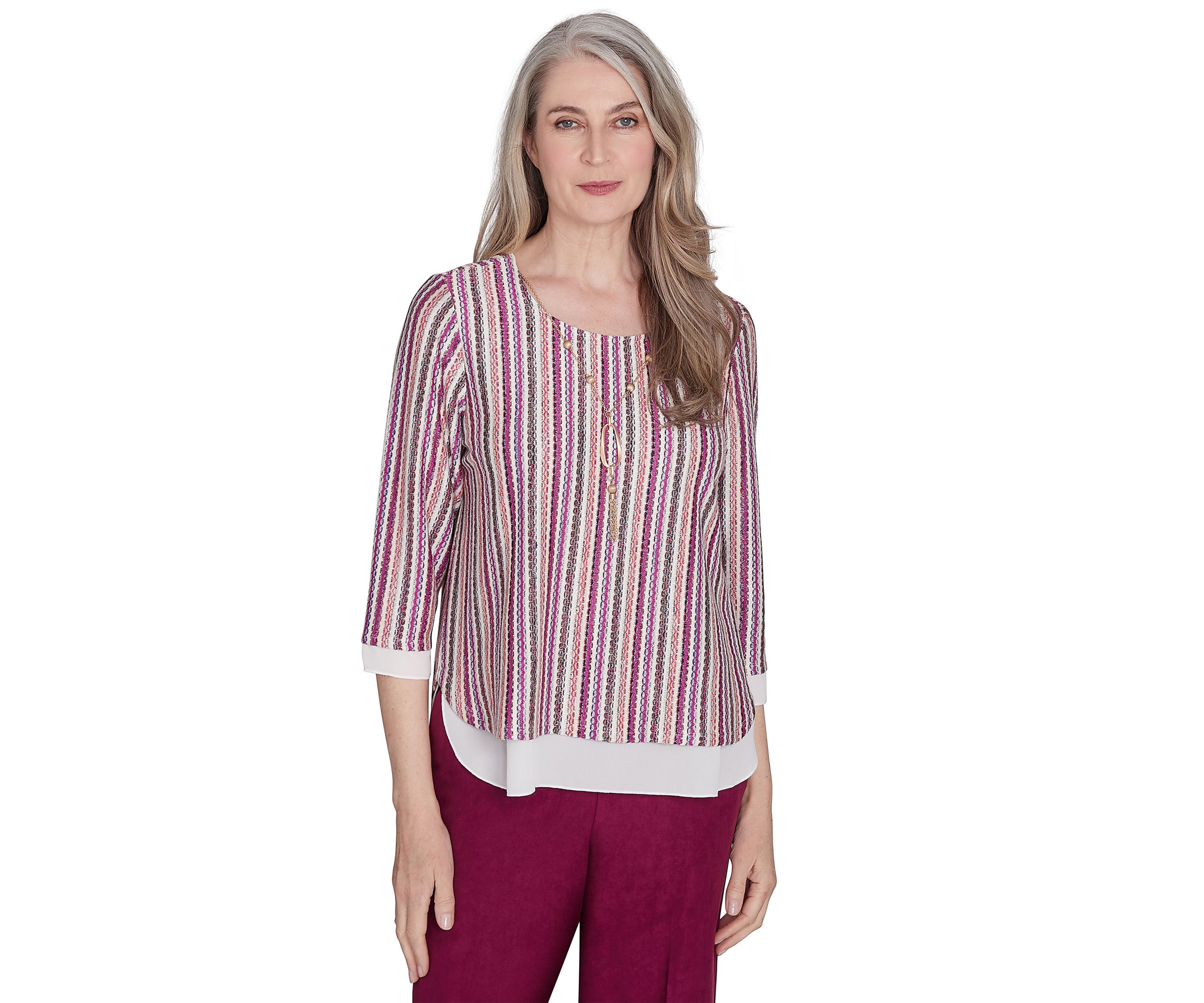 Petite Wine Country Stripe Metallic Texture with Woven Trim Top 