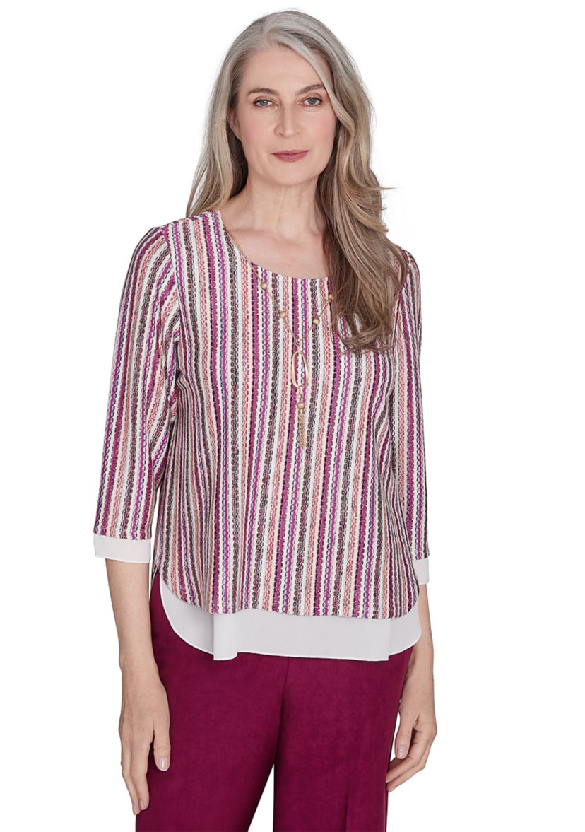 Petite Wine Country Stripe Metallic Texture with Woven Trim Top 