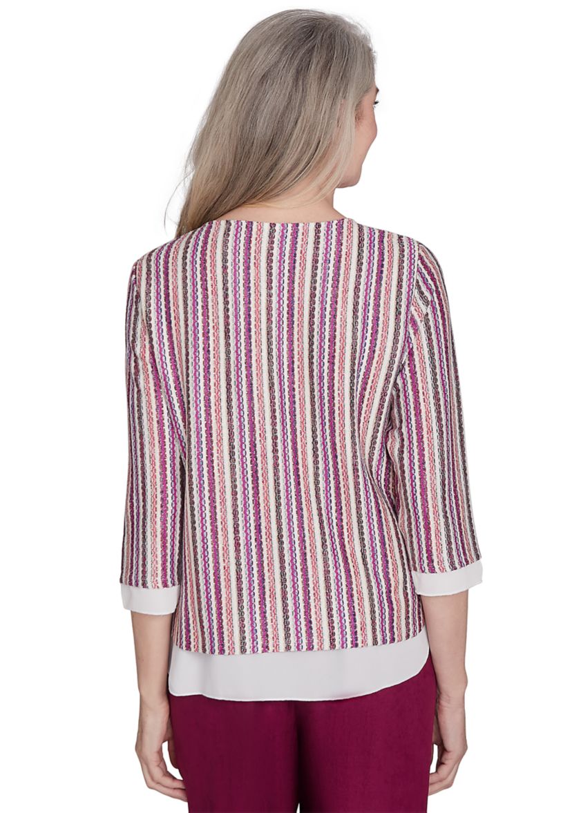 Petite Wine Country Stripe Metallic Texture with Woven Trim Top 