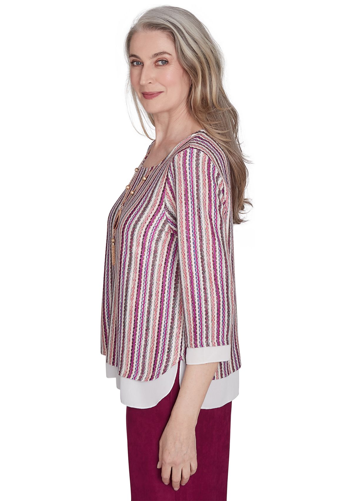 Petite Wine Country Stripe Metallic Texture with Woven Trim Top 