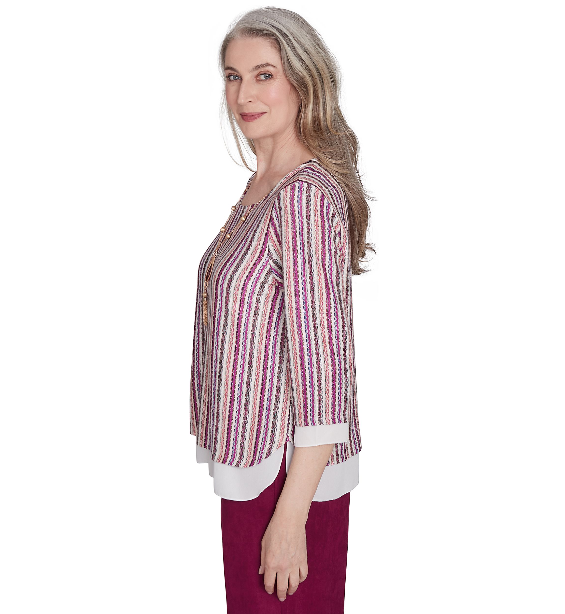 Petite Wine Country Stripe Metallic Texture with Woven Trim Top 