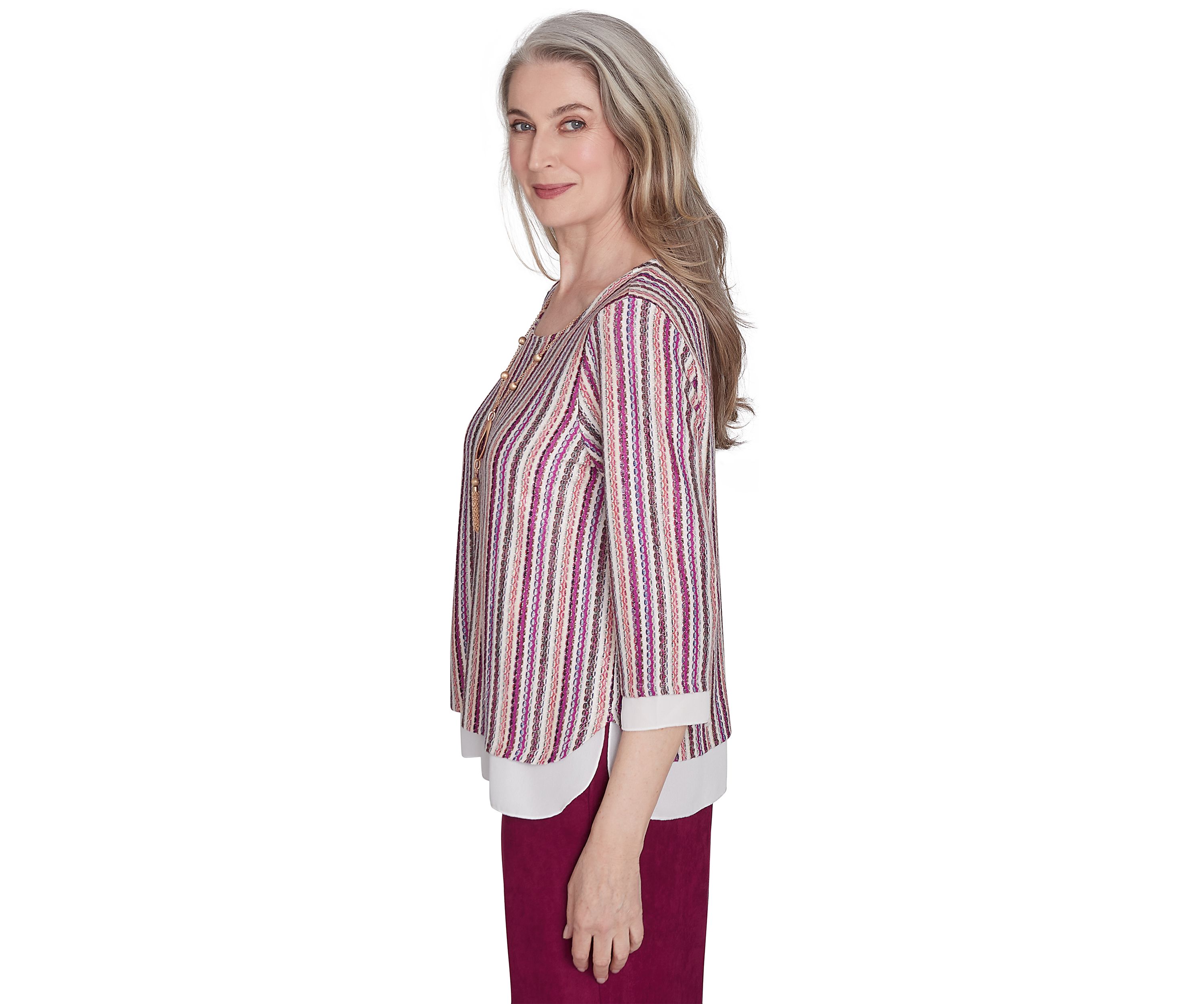 Petite Wine Country Stripe Metallic Texture with Woven Trim Top 