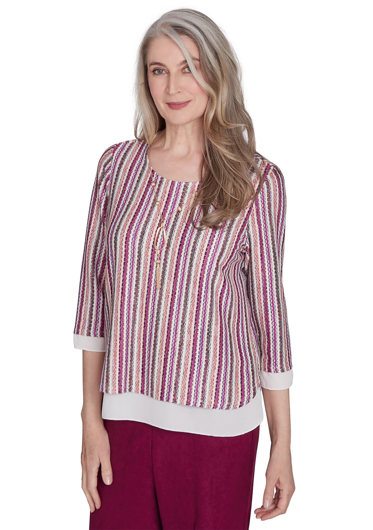 Petite Wine Country Stripe Metallic Texture with Woven Trim Top 